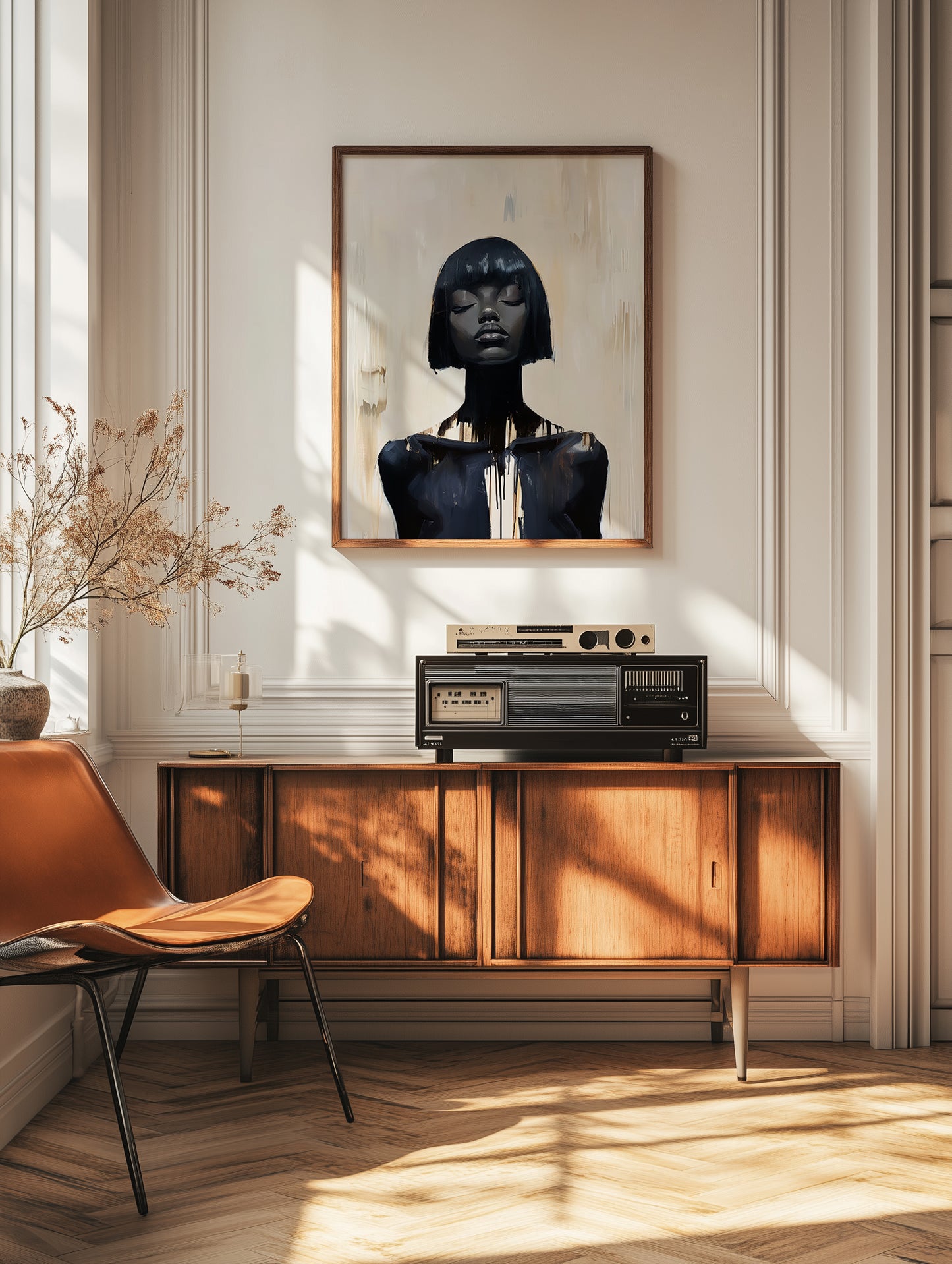 Modern Black woman art print featuring a sculptural portrait, blunt bob haircut, neutral palette, and expressive black paint details.