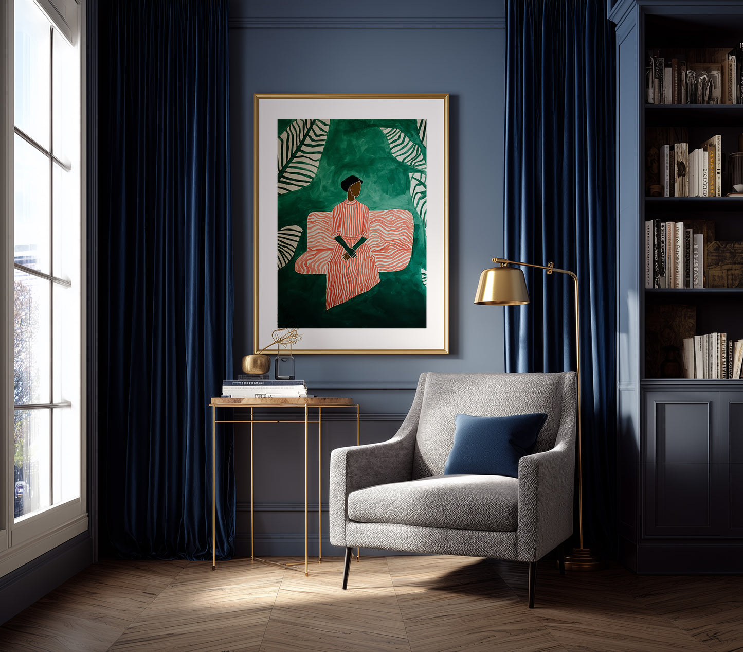 Feminine modern wall art print with coral stripe patterns, rich green tones, and a calm seated Black figure.