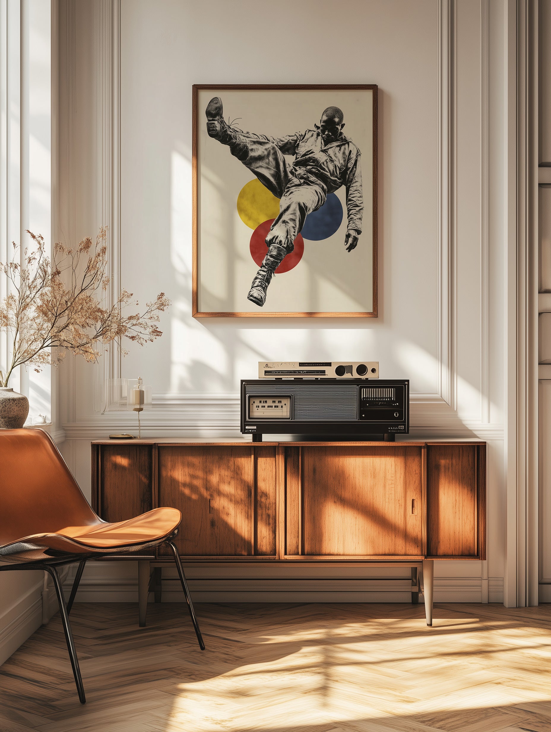 Contemporary collage art print featuring a monochrome airborne figure with oversized primary color circles and minimalist composition.