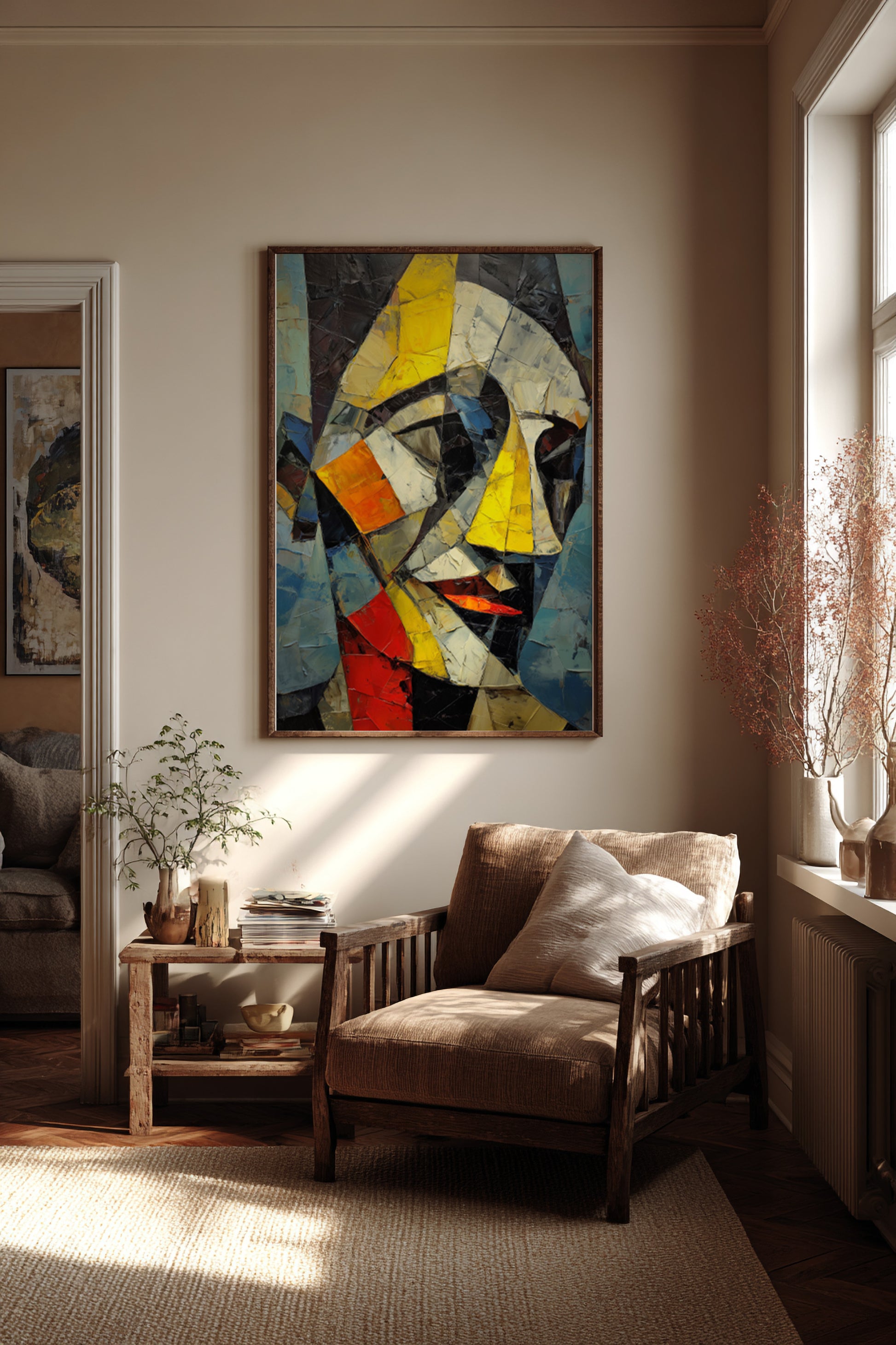 Statement portrait wall art featuring a modern abstract face with layered geometric color blocks.