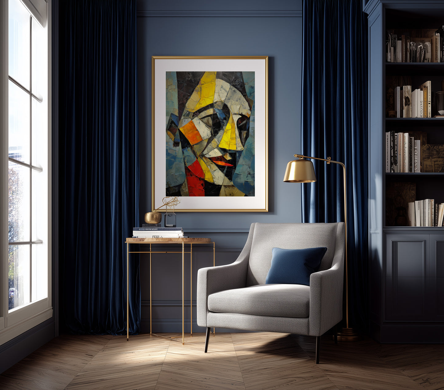 Modern abstract face wall art featuring fragmented shapes, textured brushwork, and bold color accents.