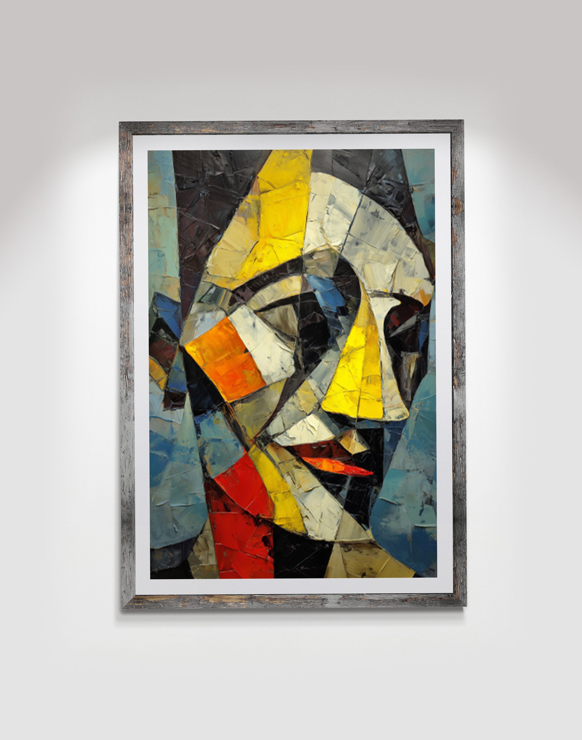 Abstract cubist portrait art print with geometric face shapes in yellow, blue, black, cream, red, and orange.