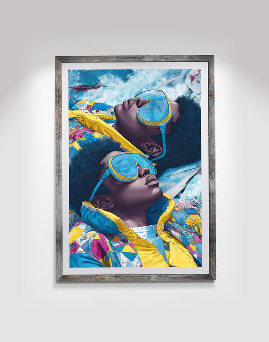 Contemporary portrait art print with two mirrored figures wearing blue goggles against a cloud-filled sky