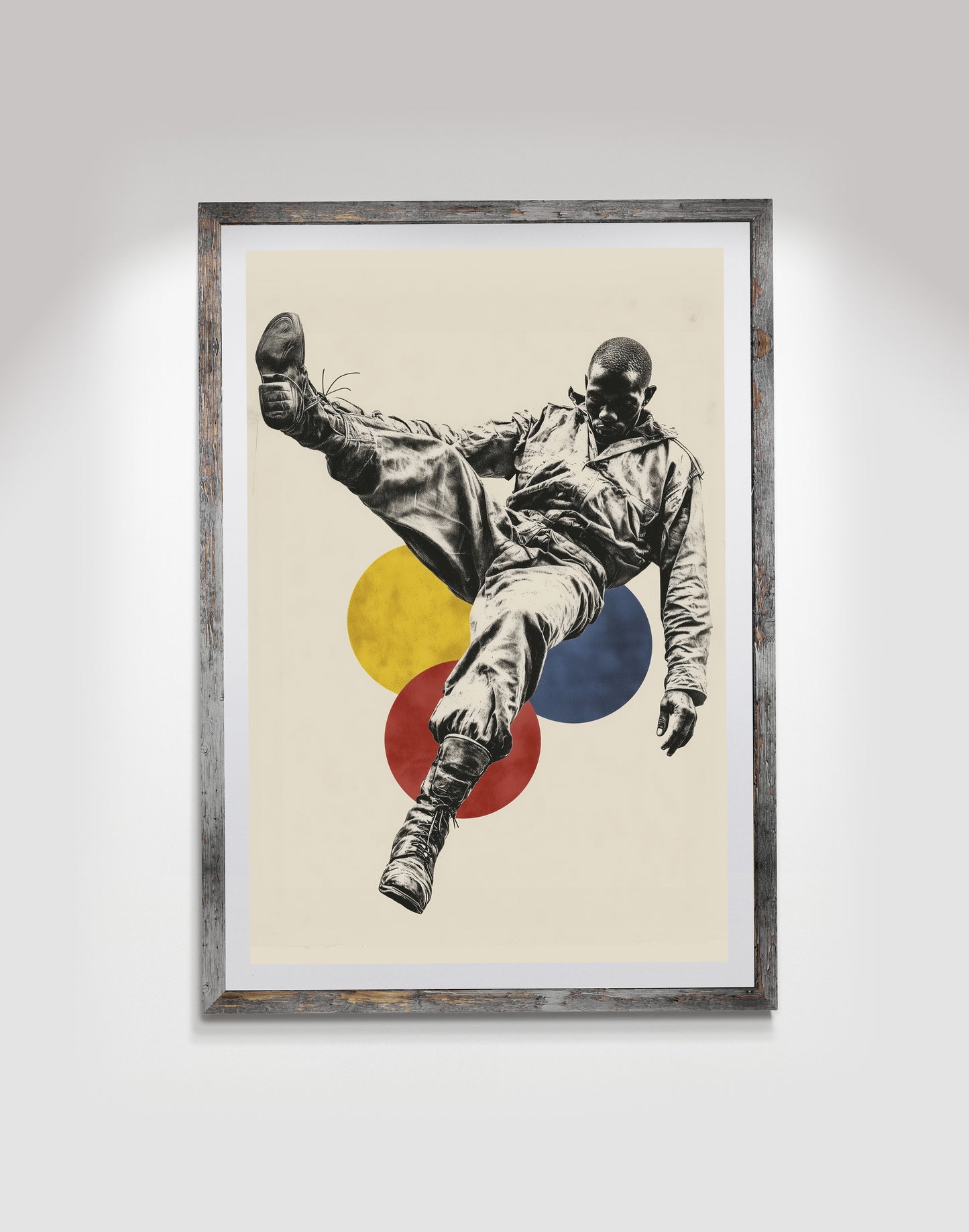 Black and white figure in a dynamic mid-air pose layered over yellow, red, and blue abstract circles on a neutral background.
