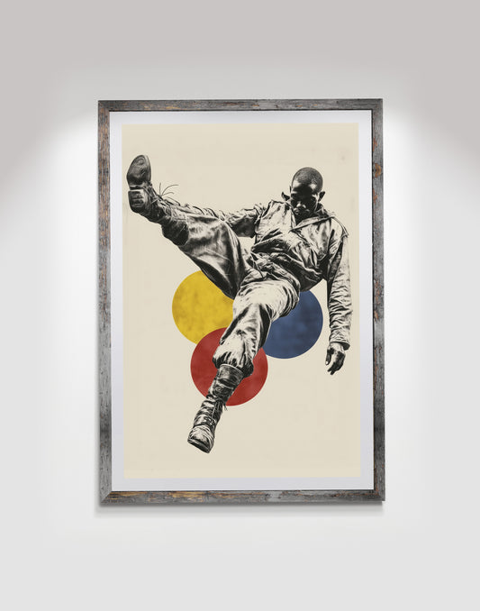 Black and white figure in a dynamic mid-air pose layered over yellow, red, and blue abstract circles on a neutral background.