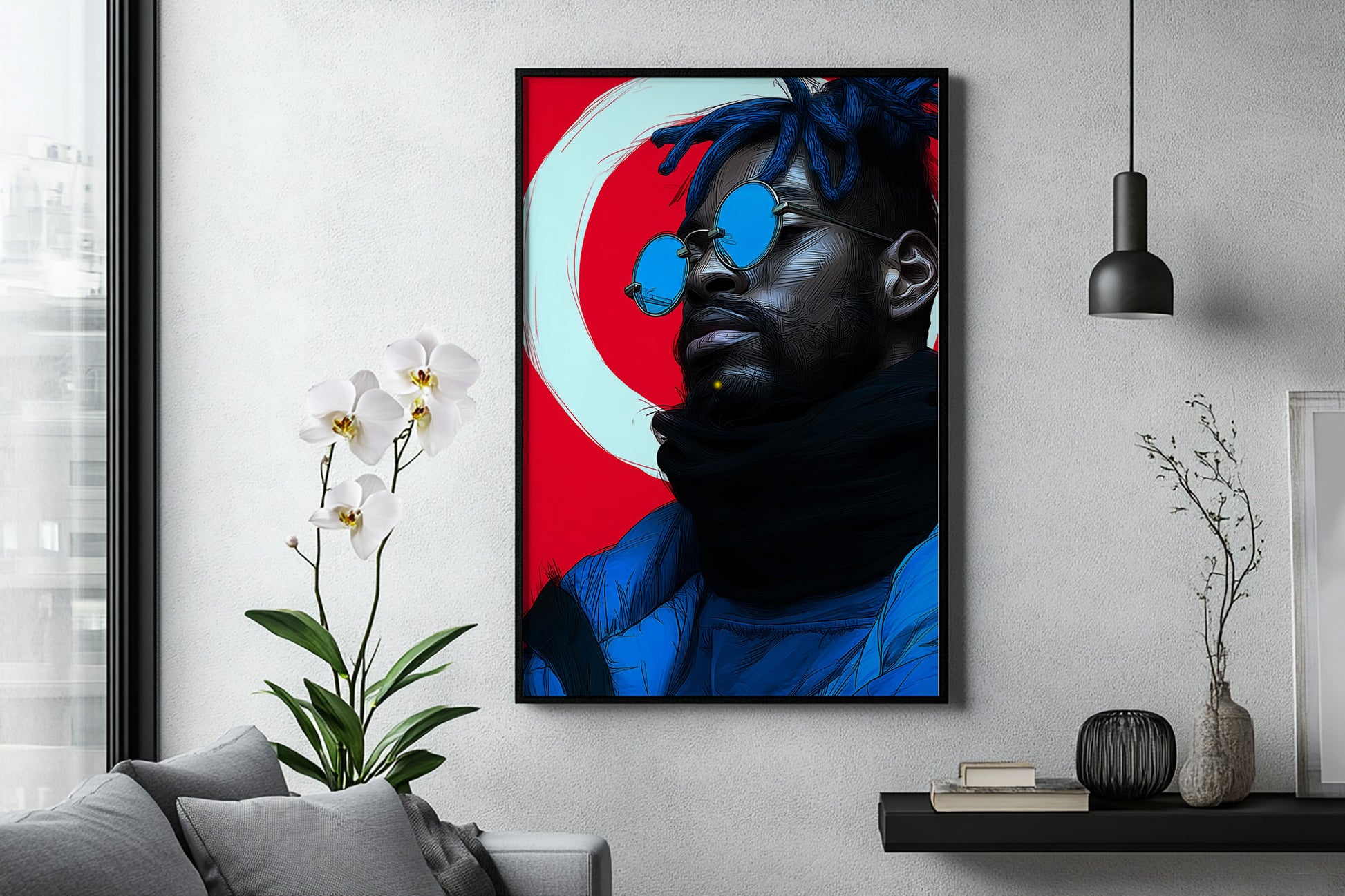 Graphic Black man portrait print featuring electric blue details, dramatic contrast, and a sweeping white circle behind the figure.