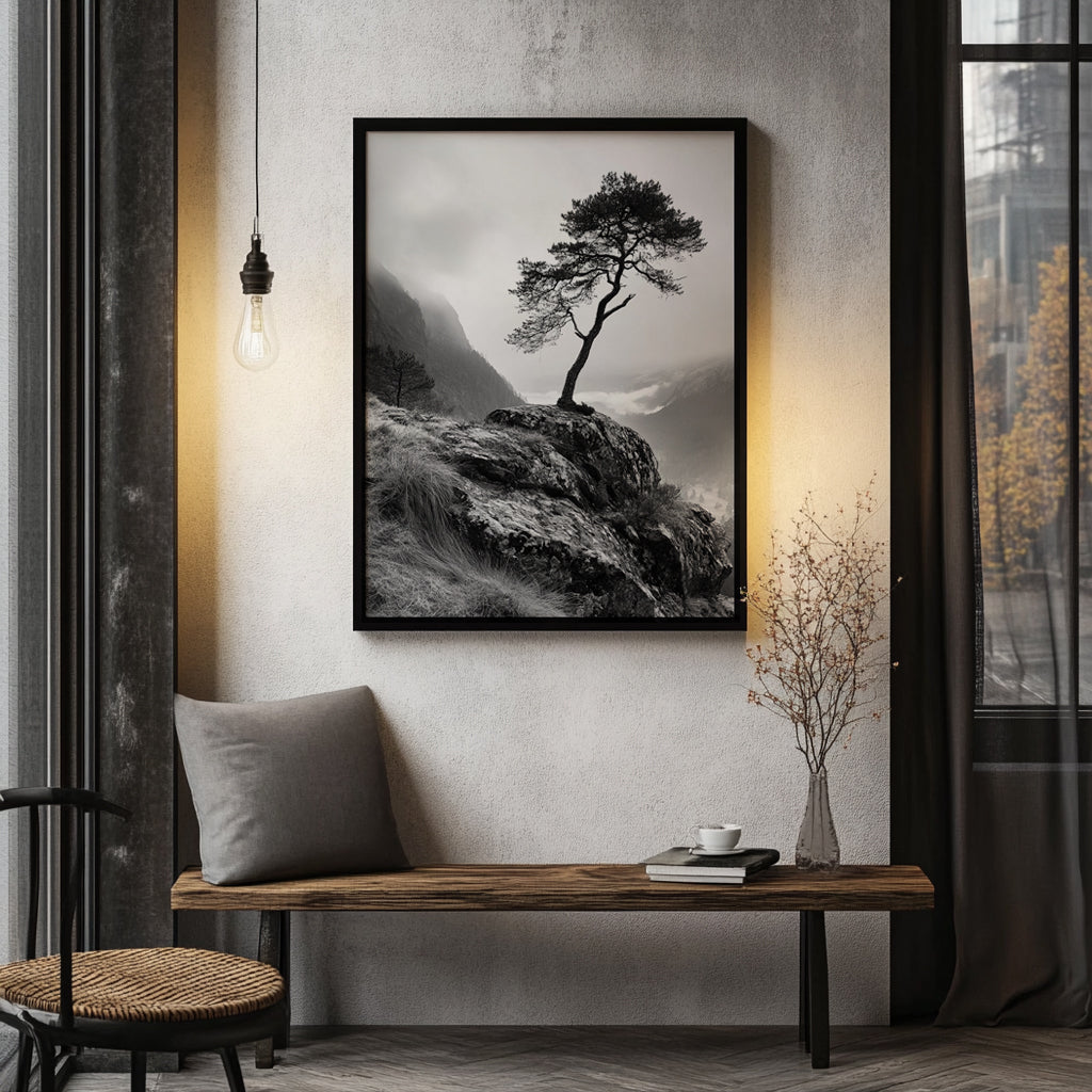Framed black and white nature print featuring a windswept tree above a misty valley.
