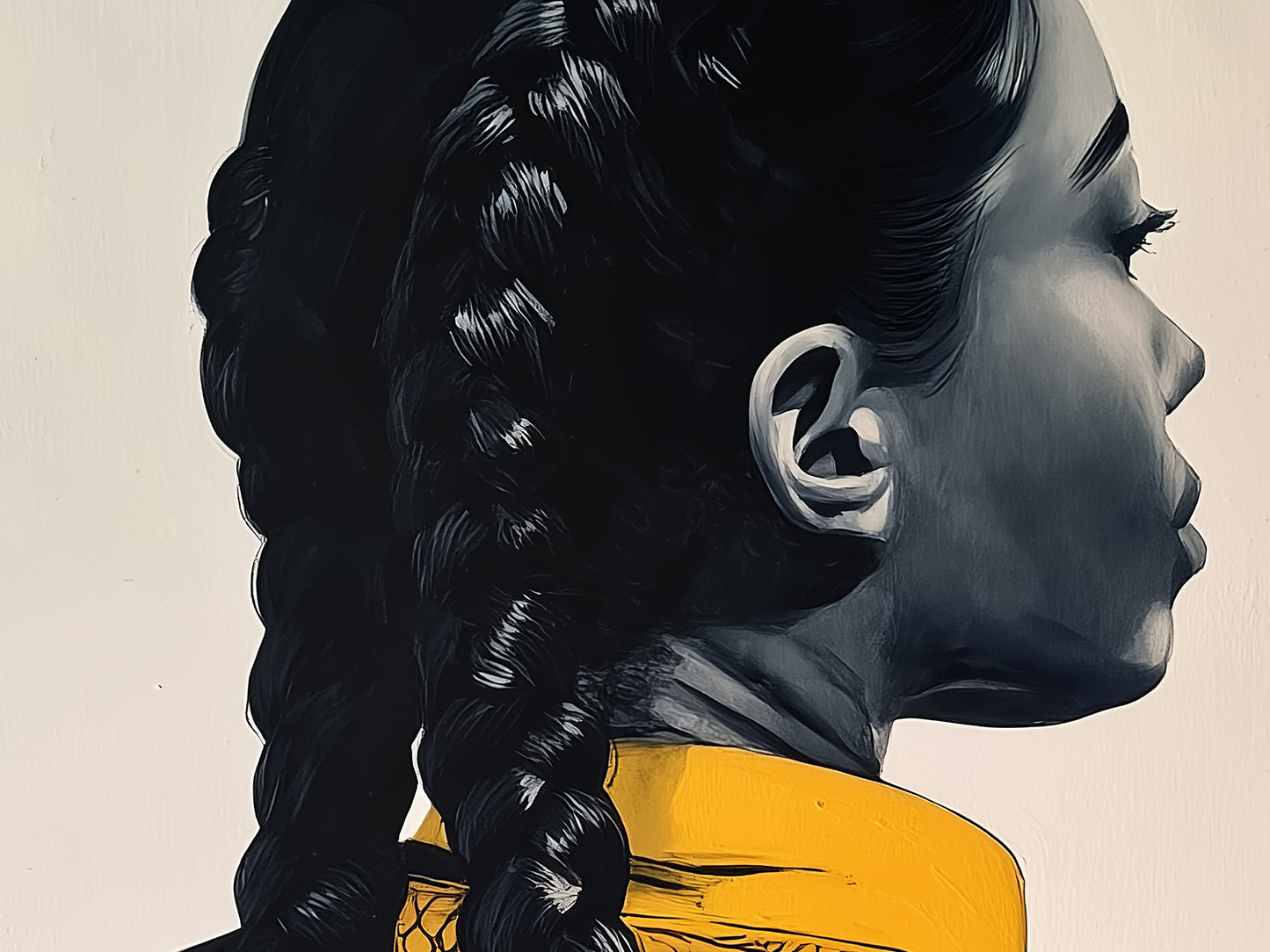 Statement portrait print of a Black female figure with long braids, deep monochrome shading, and decorative golden detail.
