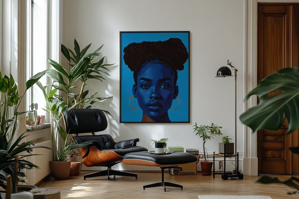 Modern Black wall art print featuring a dramatic monochromatic blue female portrait.