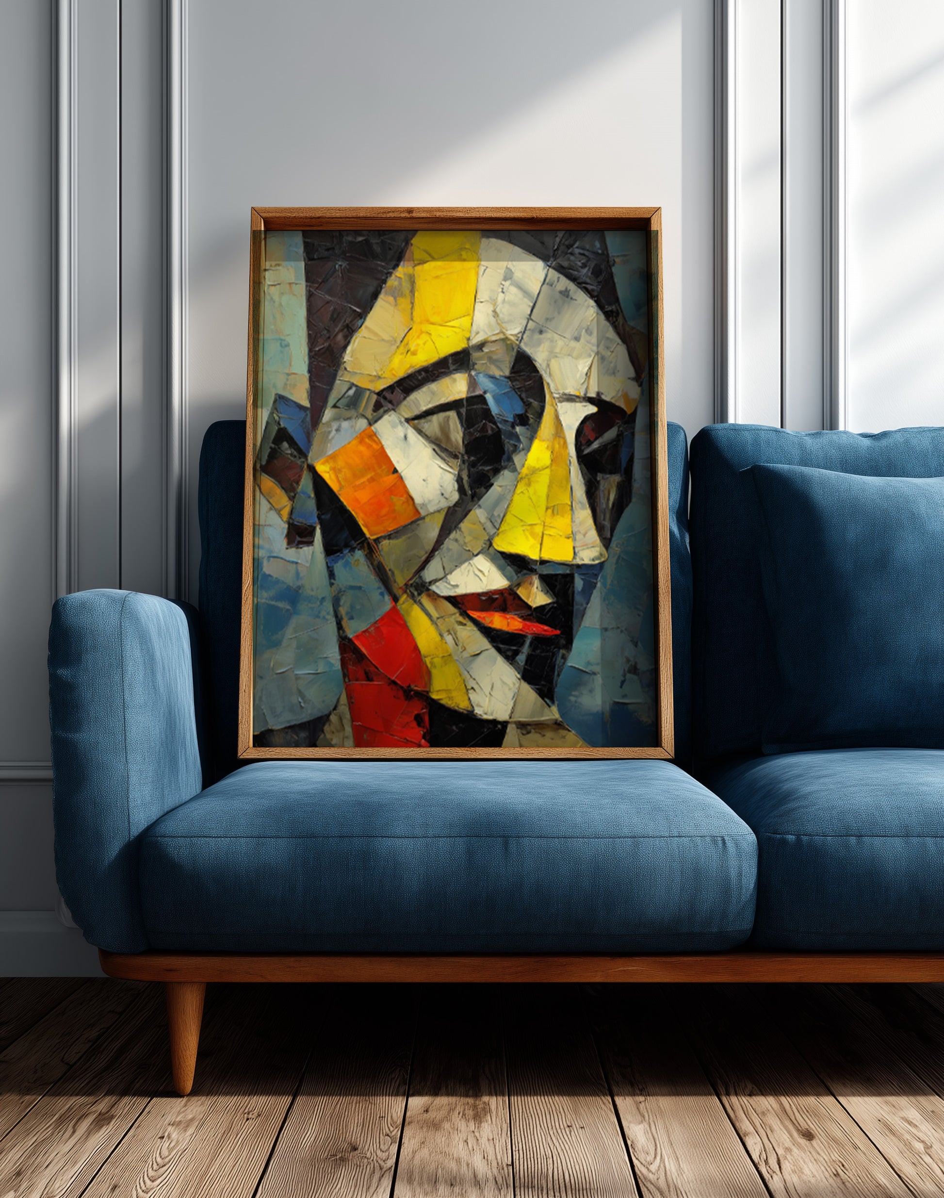 Contemporary geometric portrait art print showing a fragmented face against a blue and gray background.