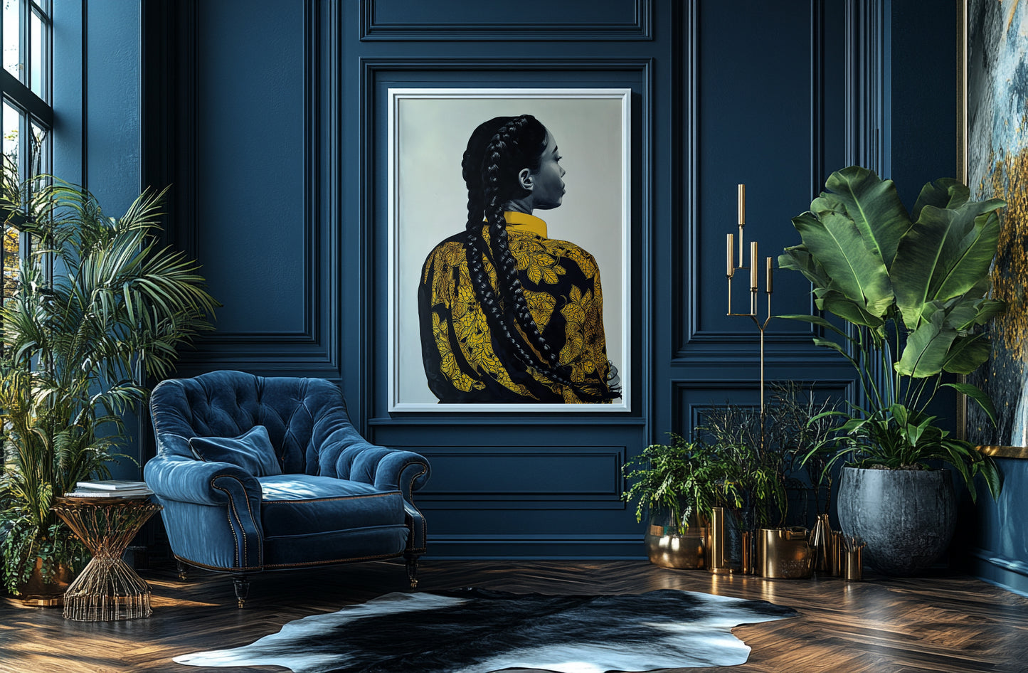 Black and gold portrait wall art showing a poised female figure with sculptural braids against a neutral background.