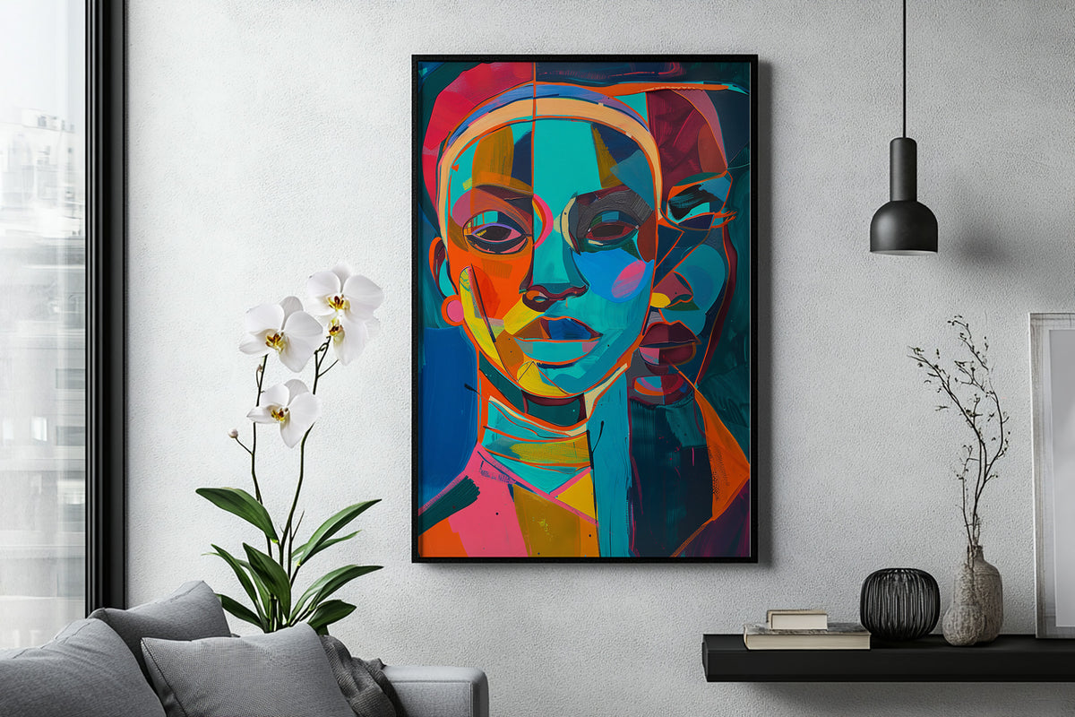 African American abstract portrait art featuring a Black woman in bold turquoise, orange and pink tones.