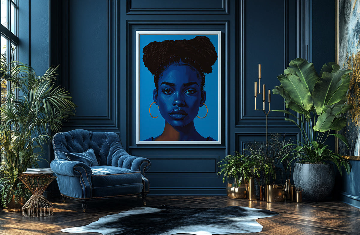 Contemporary African American wall art featuring a Black woman portrait in rich cobalt blue.
