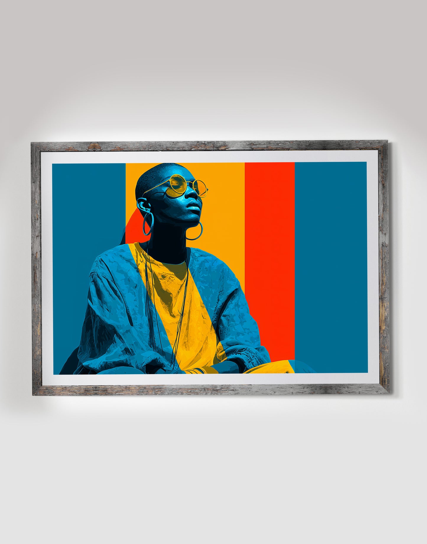 Bauhaus Black woman wall art print featuring yellow sunglasses, hoop earrings, blue clothing, and vivid color blocks.