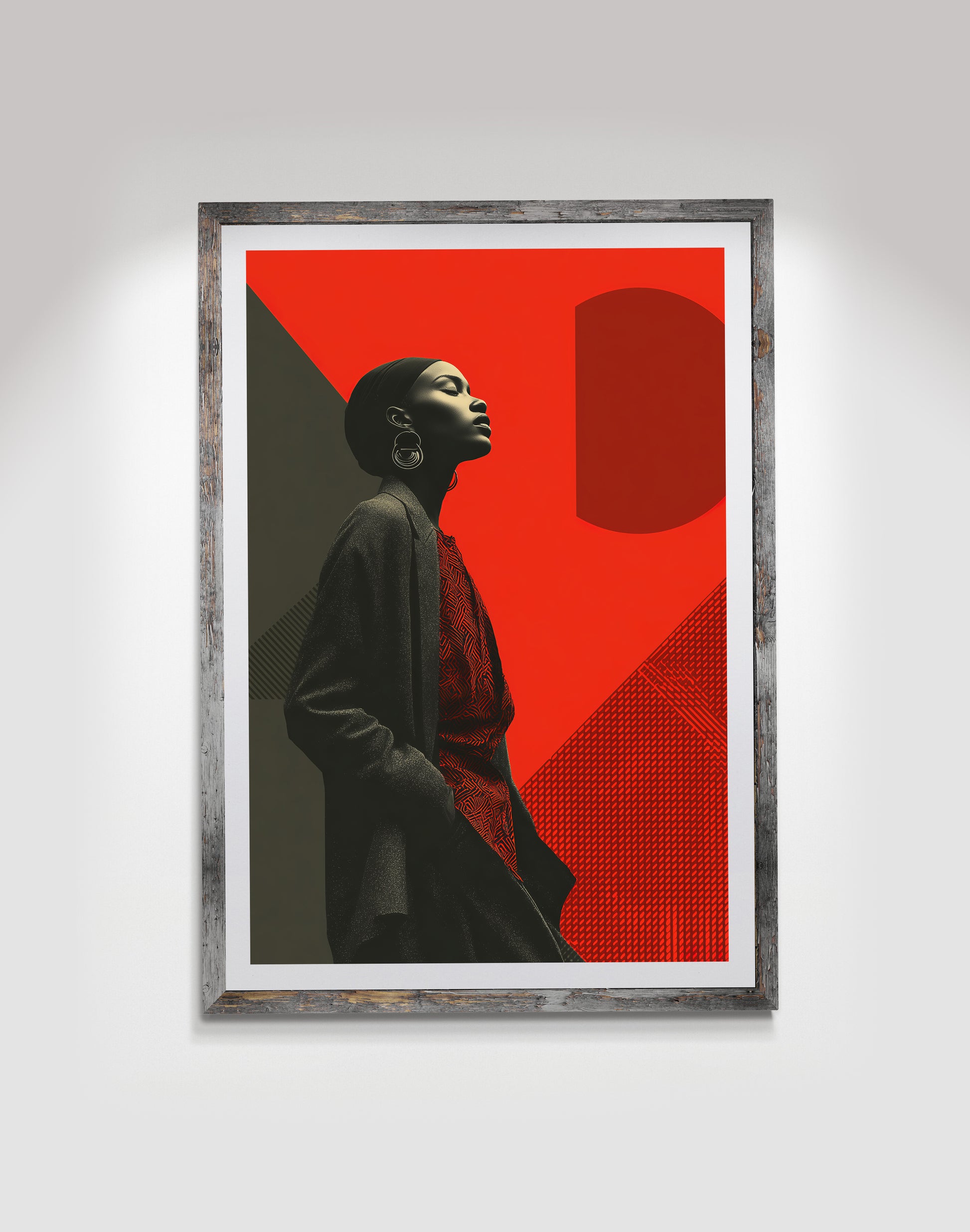 Bauhaus red Black woman wall art print featuring a side-profile portrait with hoop earrings and bold geometric shapes.