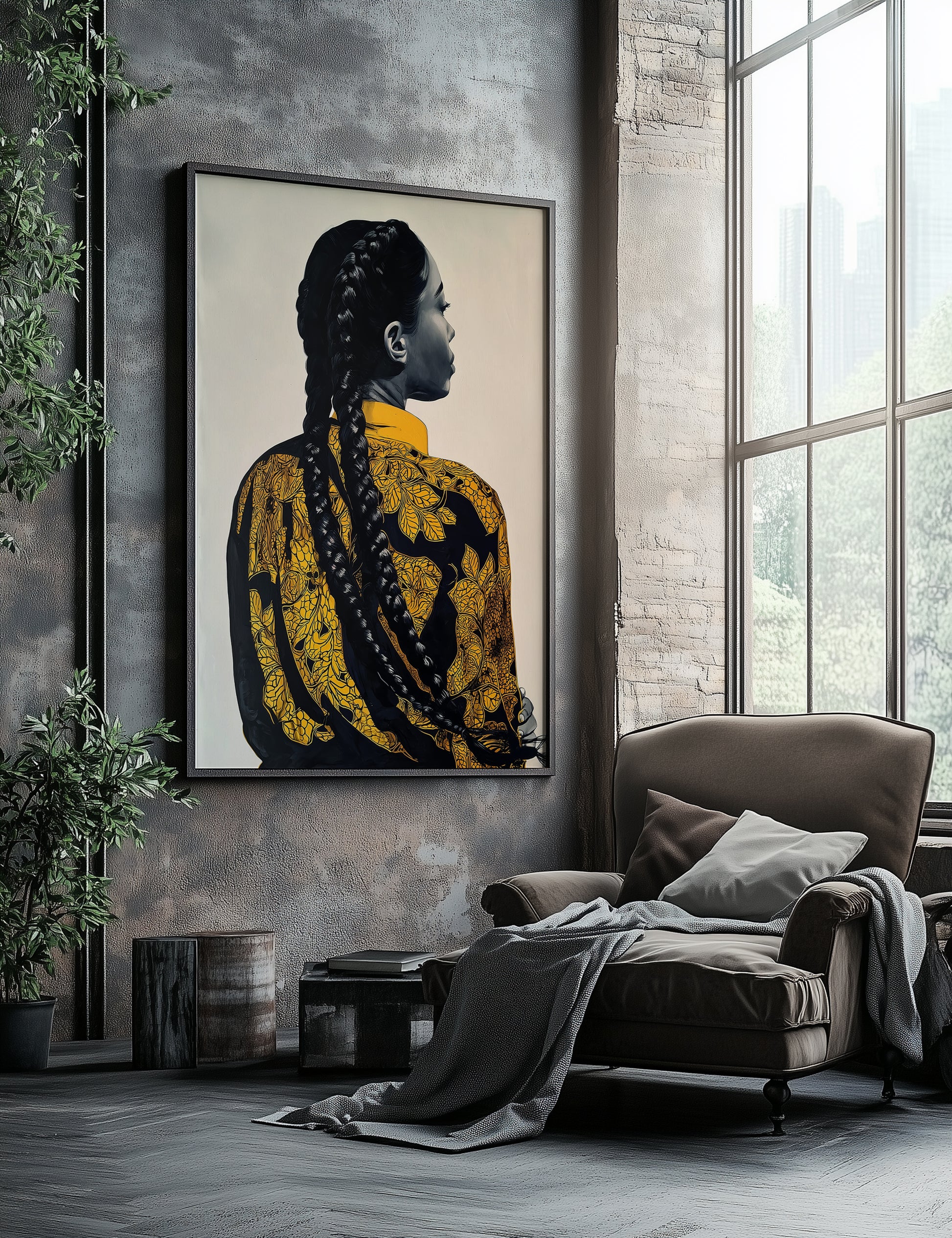 Modern Black woman art print with intricate gold pattern work, long braided hair, and elegant profile composition.