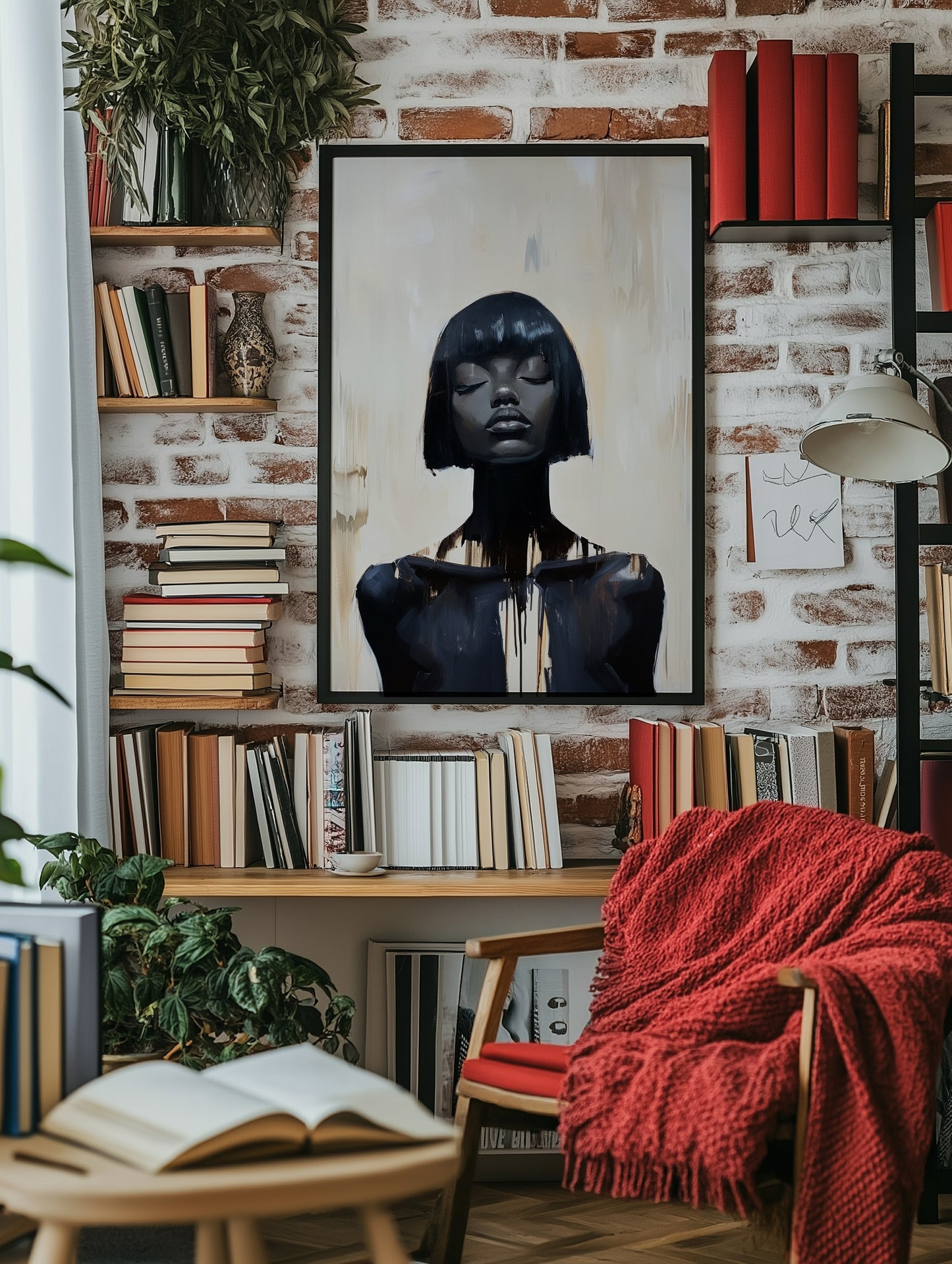 Minimalist Black portrait wall art in deep charcoal and ivory tones with abstract brushwork and a centered female figure.