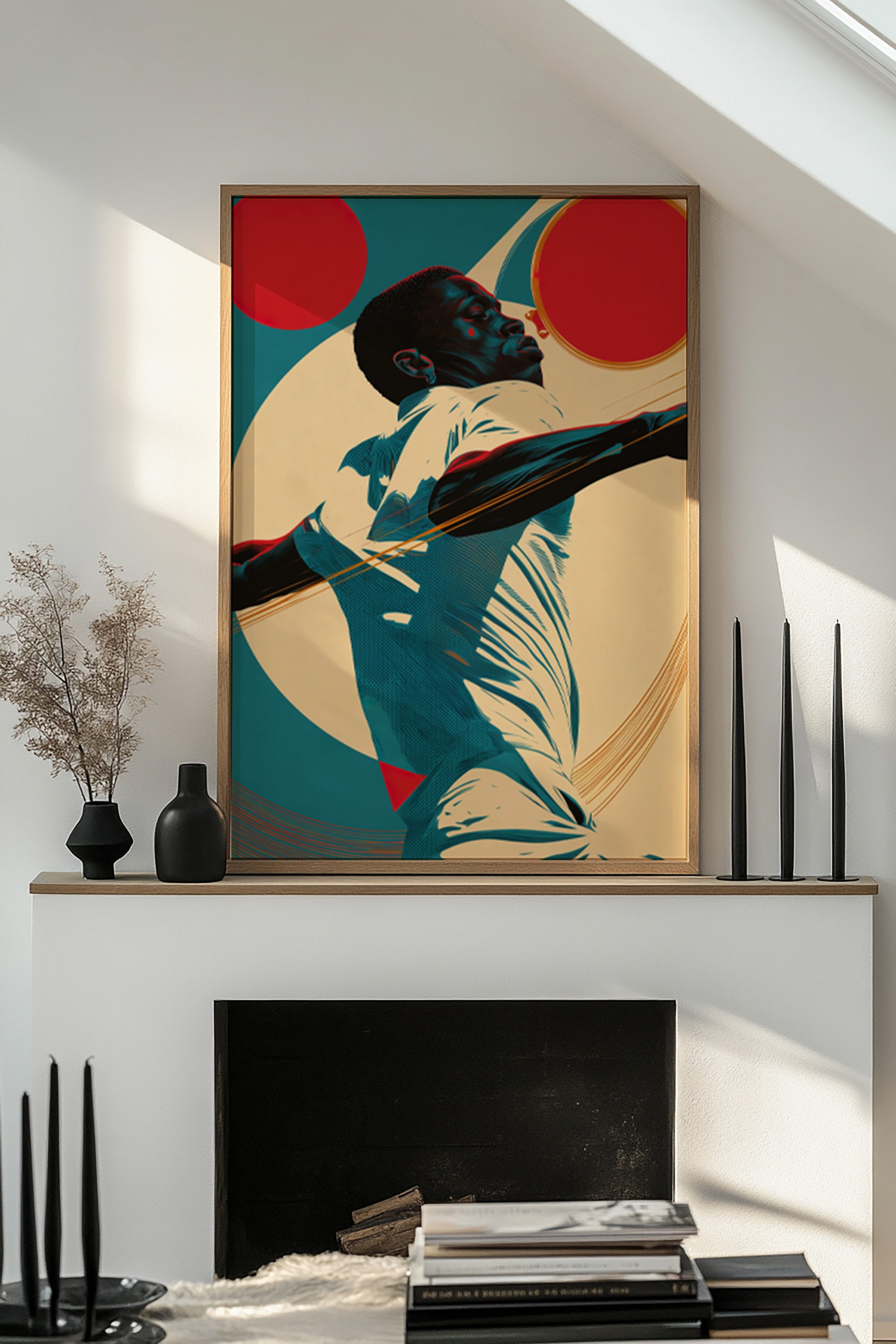 Modern golf portrait art print showing a Black athlete in motion against a colorful abstract background.