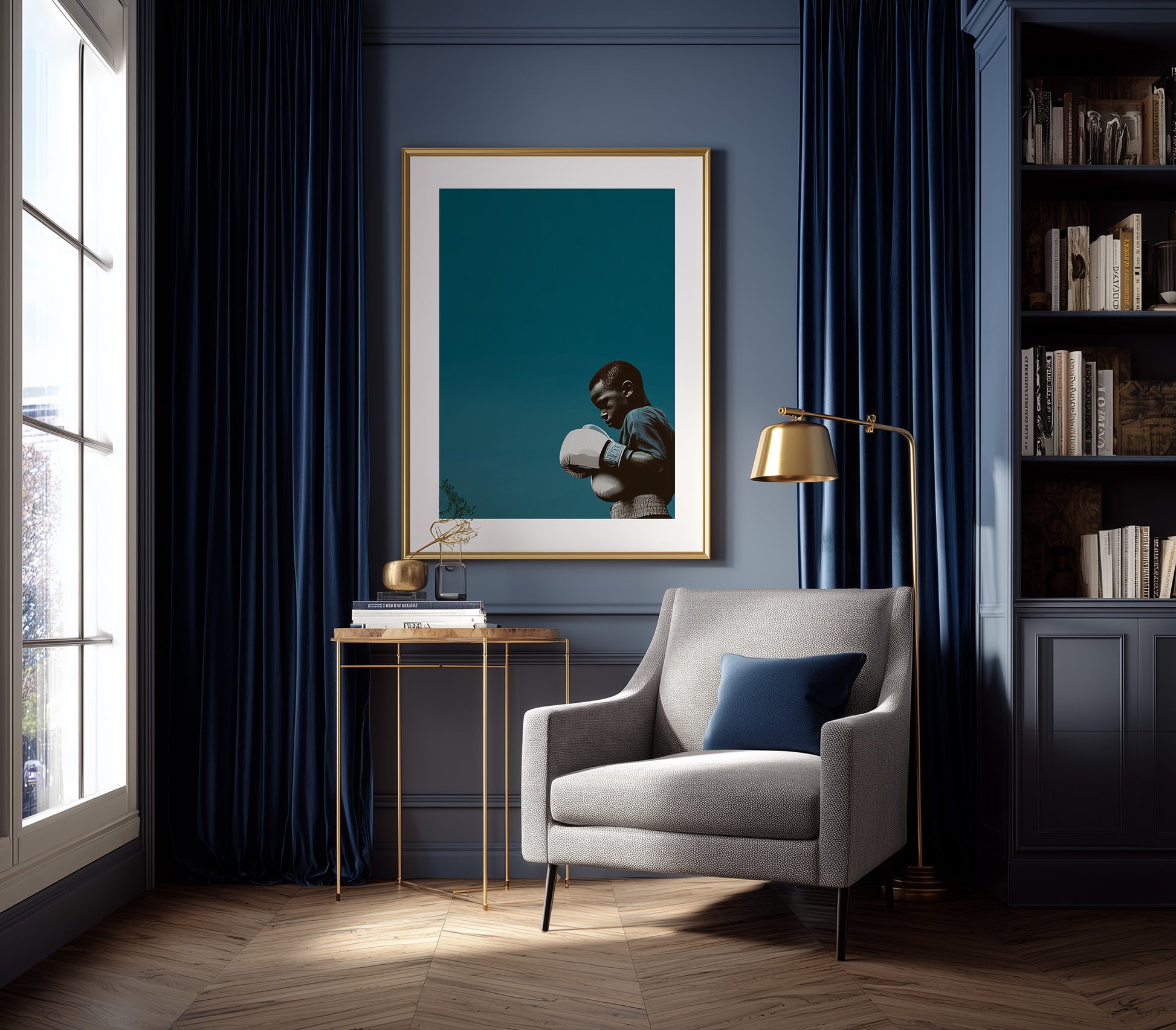 Contemporary black wall art print with a boxer wearing white gloves set against a rich teal field.