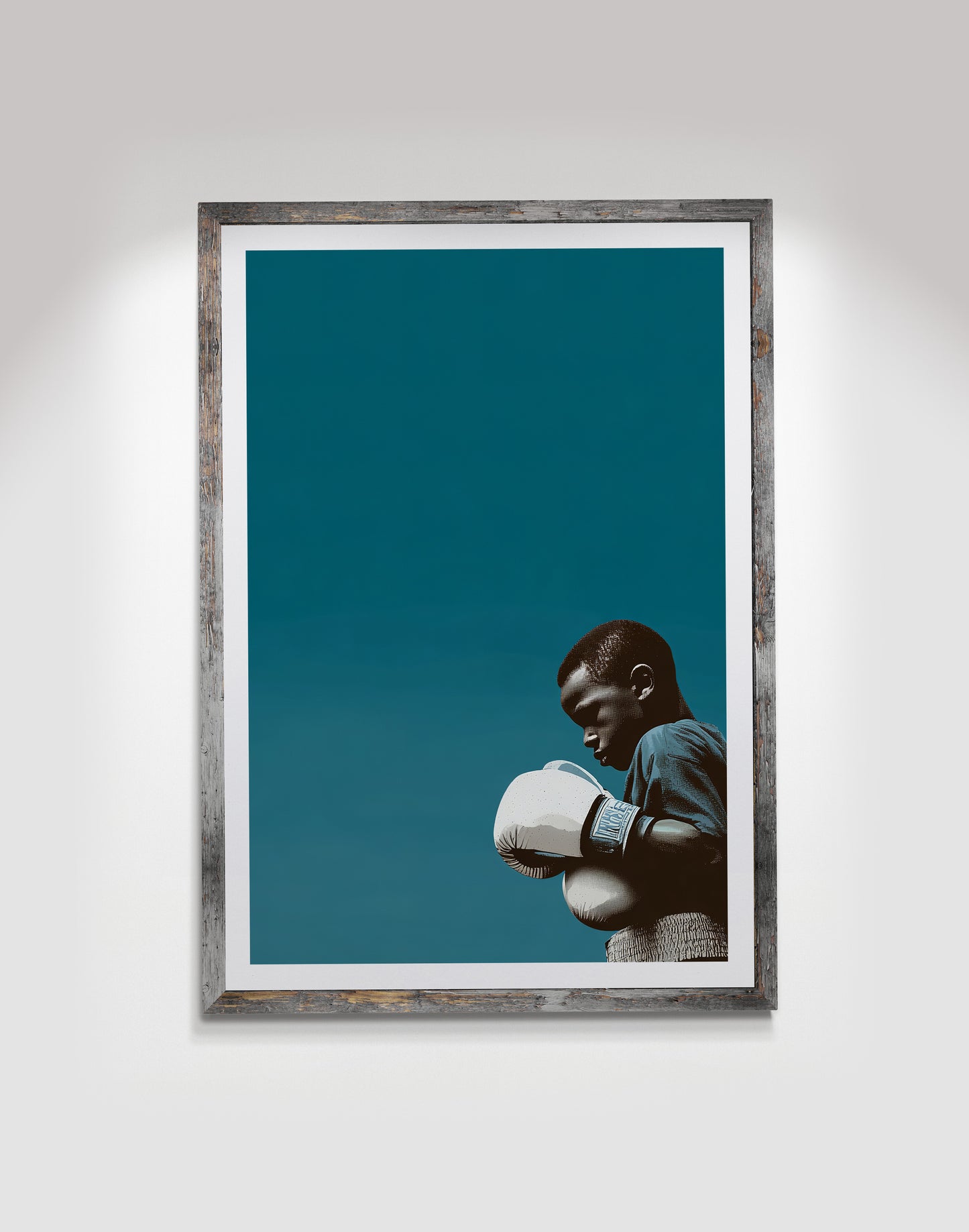 Black boxer wall art print featuring a focused athlete in white gloves against a deep teal background.