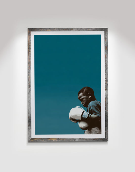 Black boxer wall art print featuring a focused athlete in white gloves against a deep teal background.