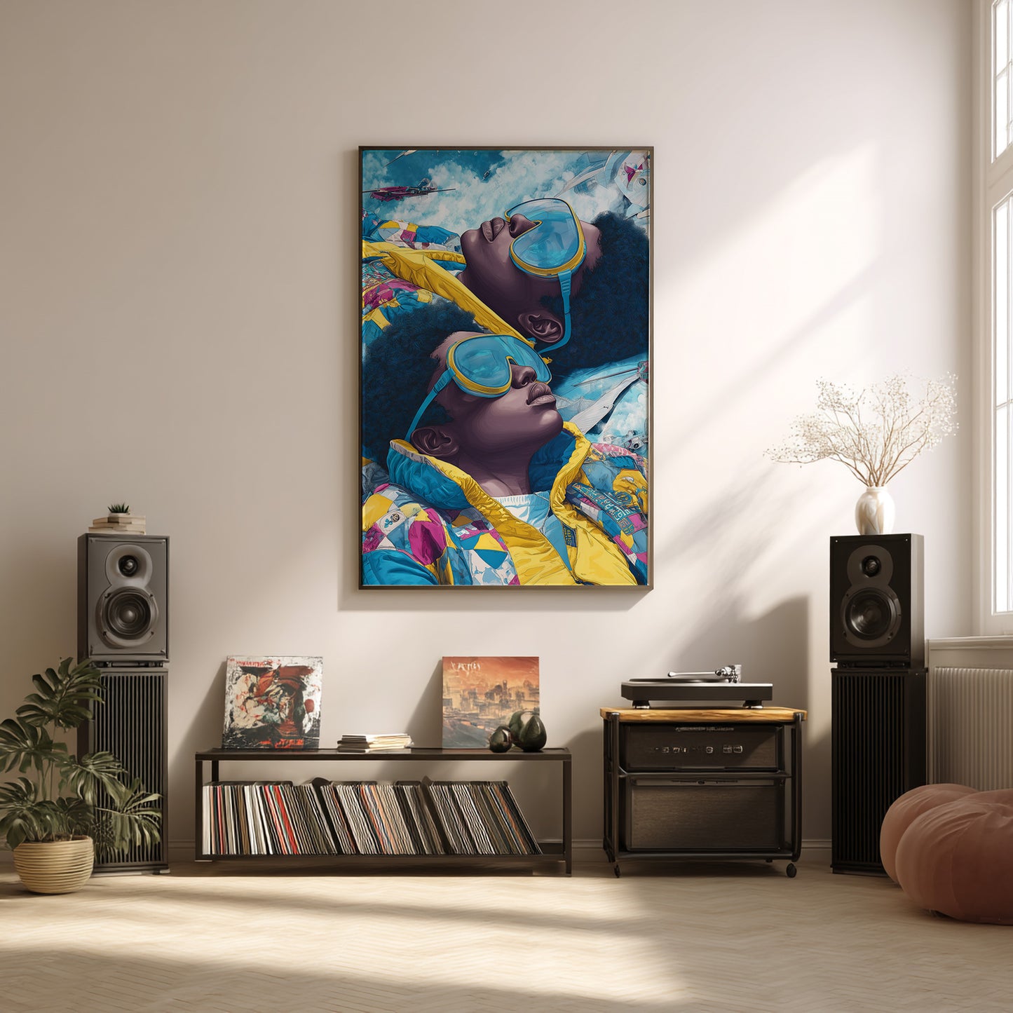 Modern living room with a colorful abstract painting on the wall, speakers, and a record player.