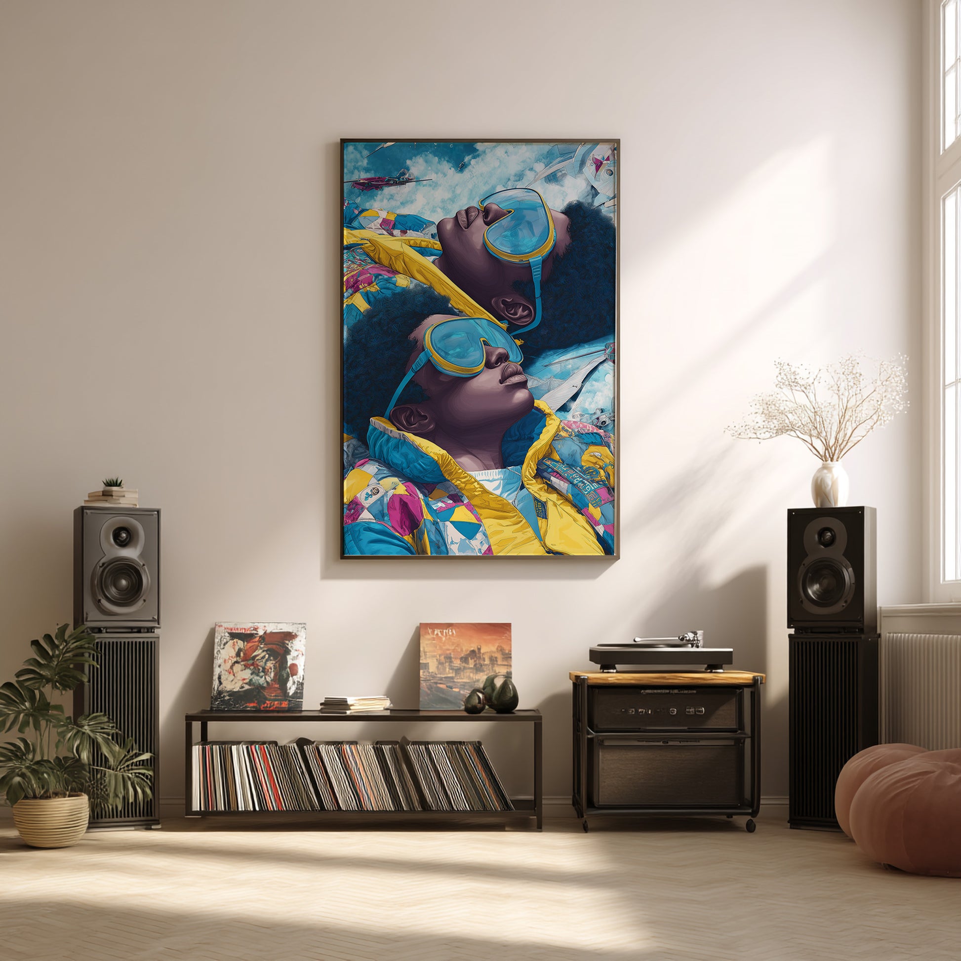 Modern living room with a colorful abstract painting on the wall, speakers, and a record player.