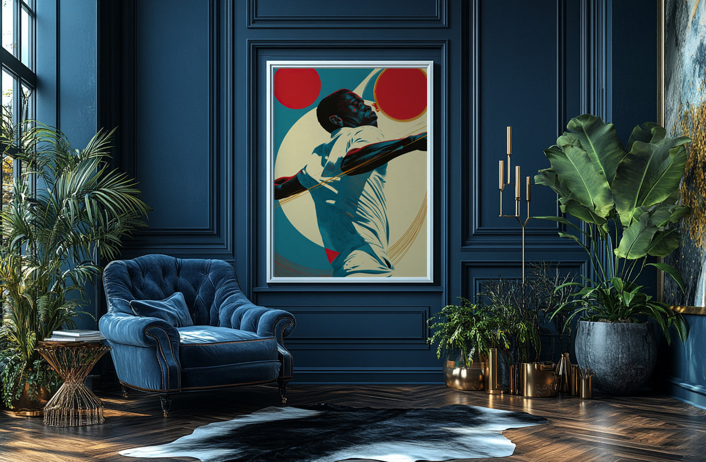Black golfer wall art print featuring a man mid-swing with bold red circles, teal shadows, and cream graphic shapes