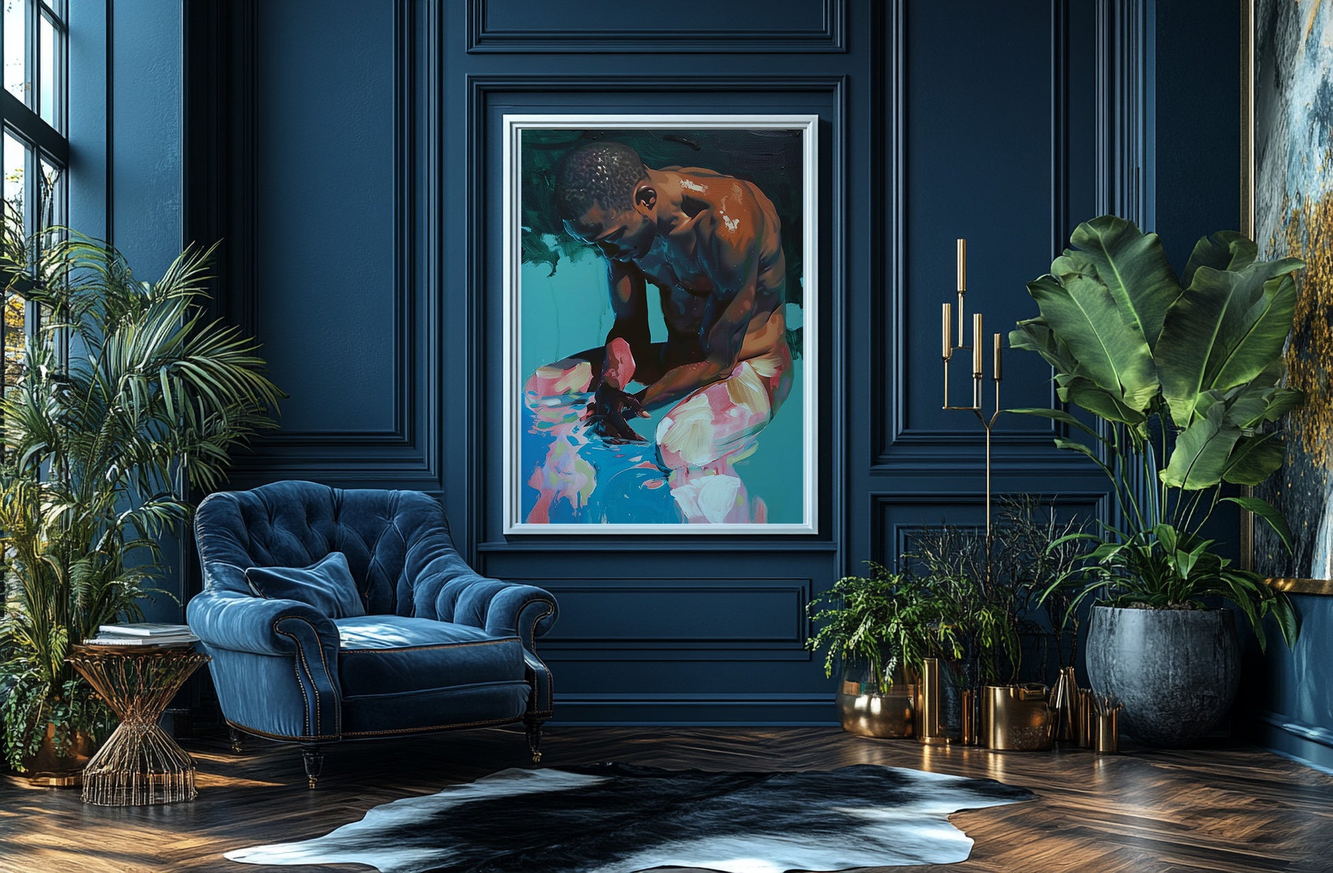 Contemporary black art print showing a bare-torso male figure in a reflective crouched pose with floral-patterned pants.