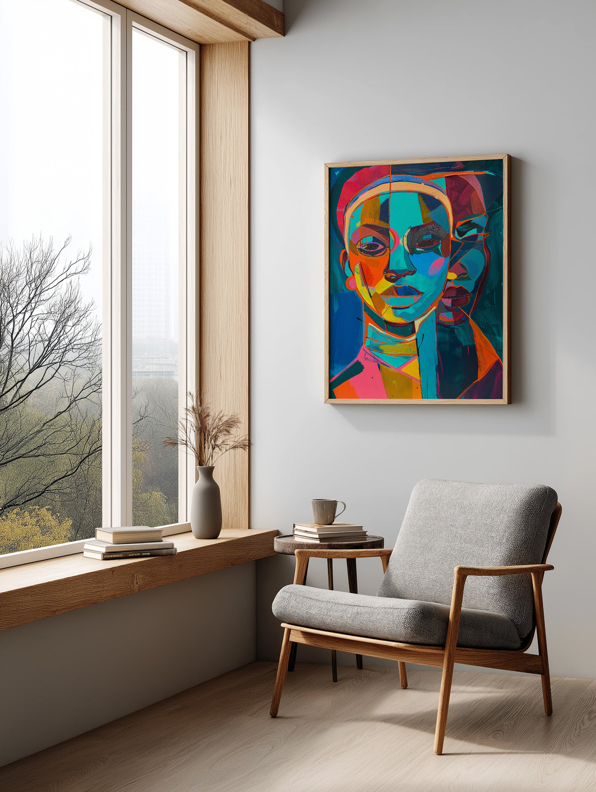 Contemporary Black woman wall art with geometric shapes and expressive colorful brushwork.