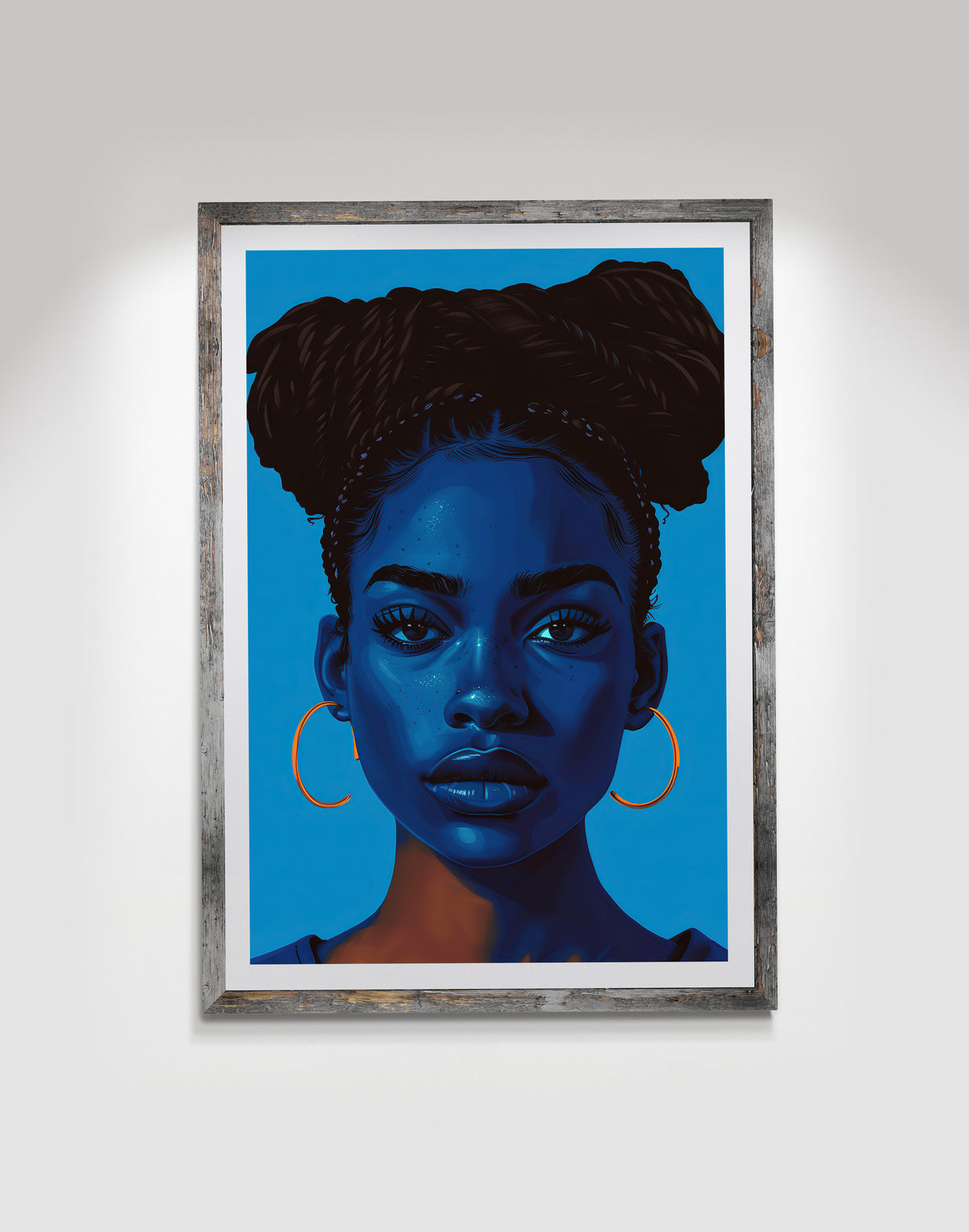 Blue Black woman art print featuring braided buns and large gold hoop earrings.