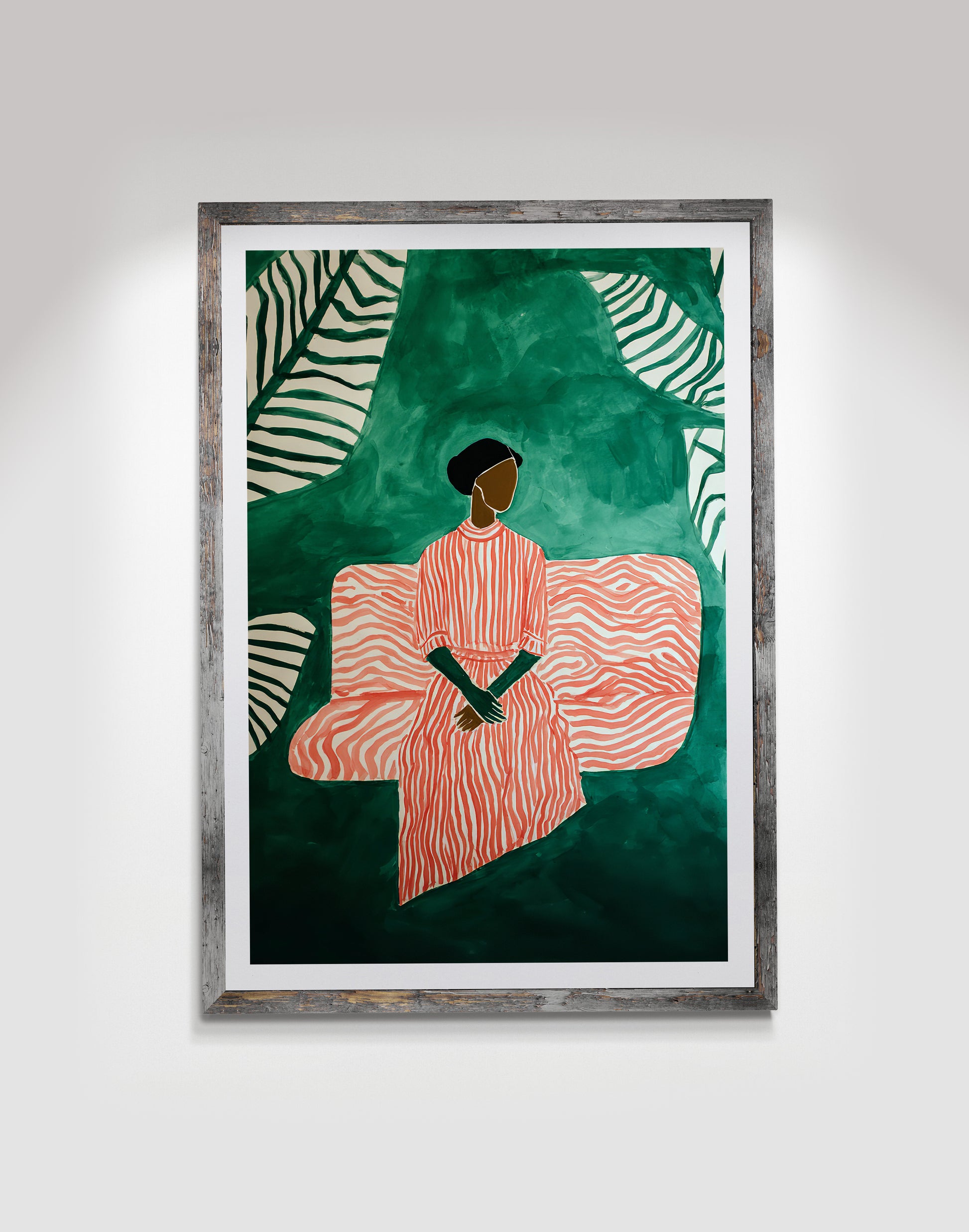 Framed artwork of a person in a red outfit against a green background with zebra pattern
