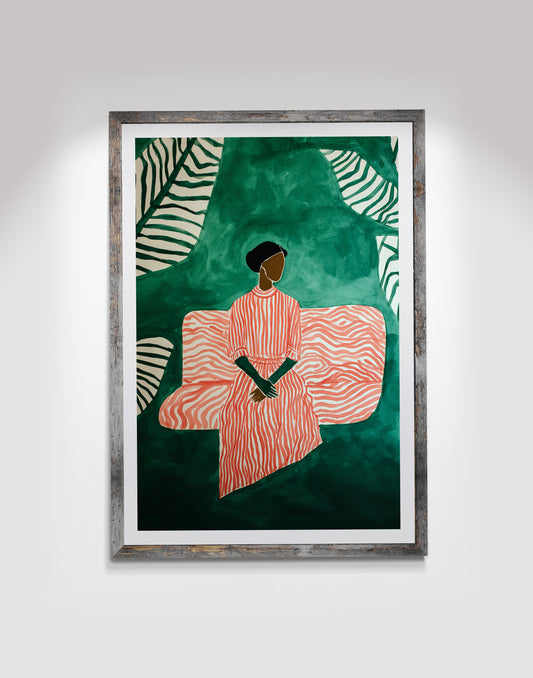 Framed artwork of a person in a red outfit against a green background with zebra pattern