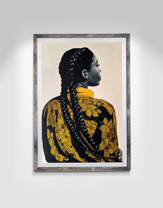 Black woman wall art print featuring a side-profile portrait with long braids and ornate gold patterned clothing.