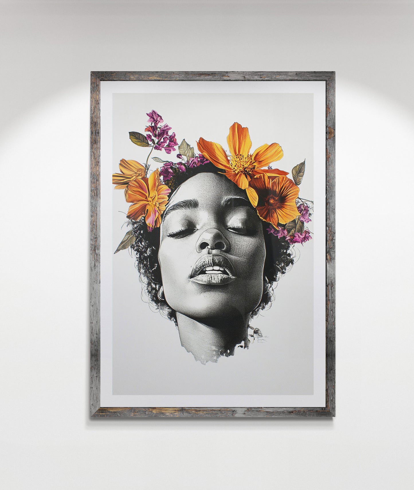 Black woman floral portrait wall art print featuring a monochrome face with closed eyes and vivid orange and purple flowers.