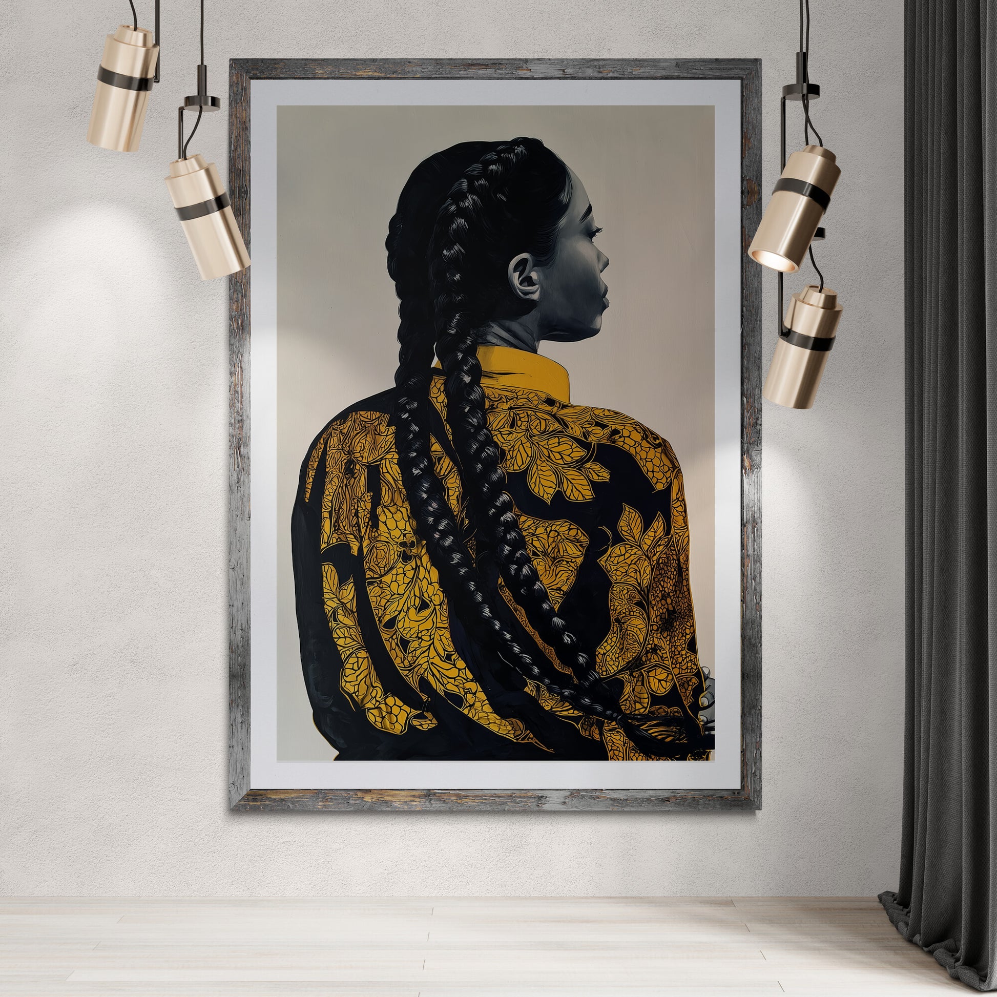 Contemporary African American art print of a Black woman in profile with braided hair and black and gold detailing.