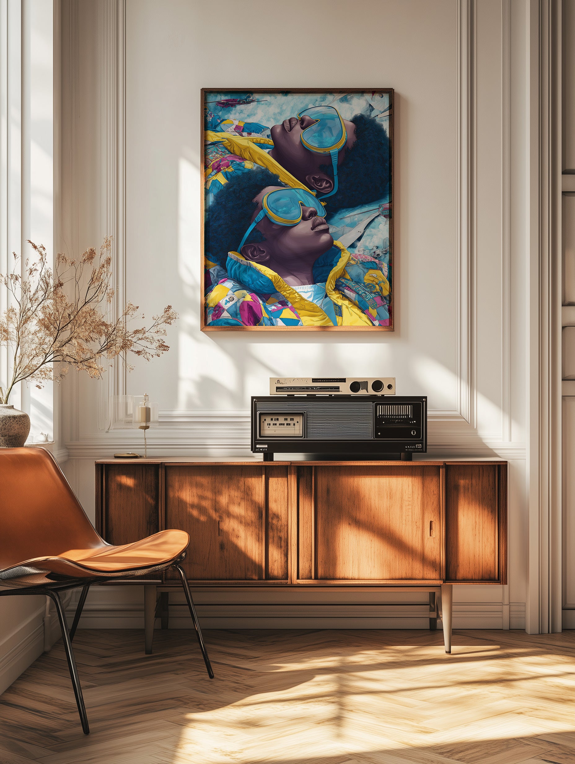 Modern black art print showing two skyward-facing youth figures in yellow and patterned jackets with vivid blue goggles.