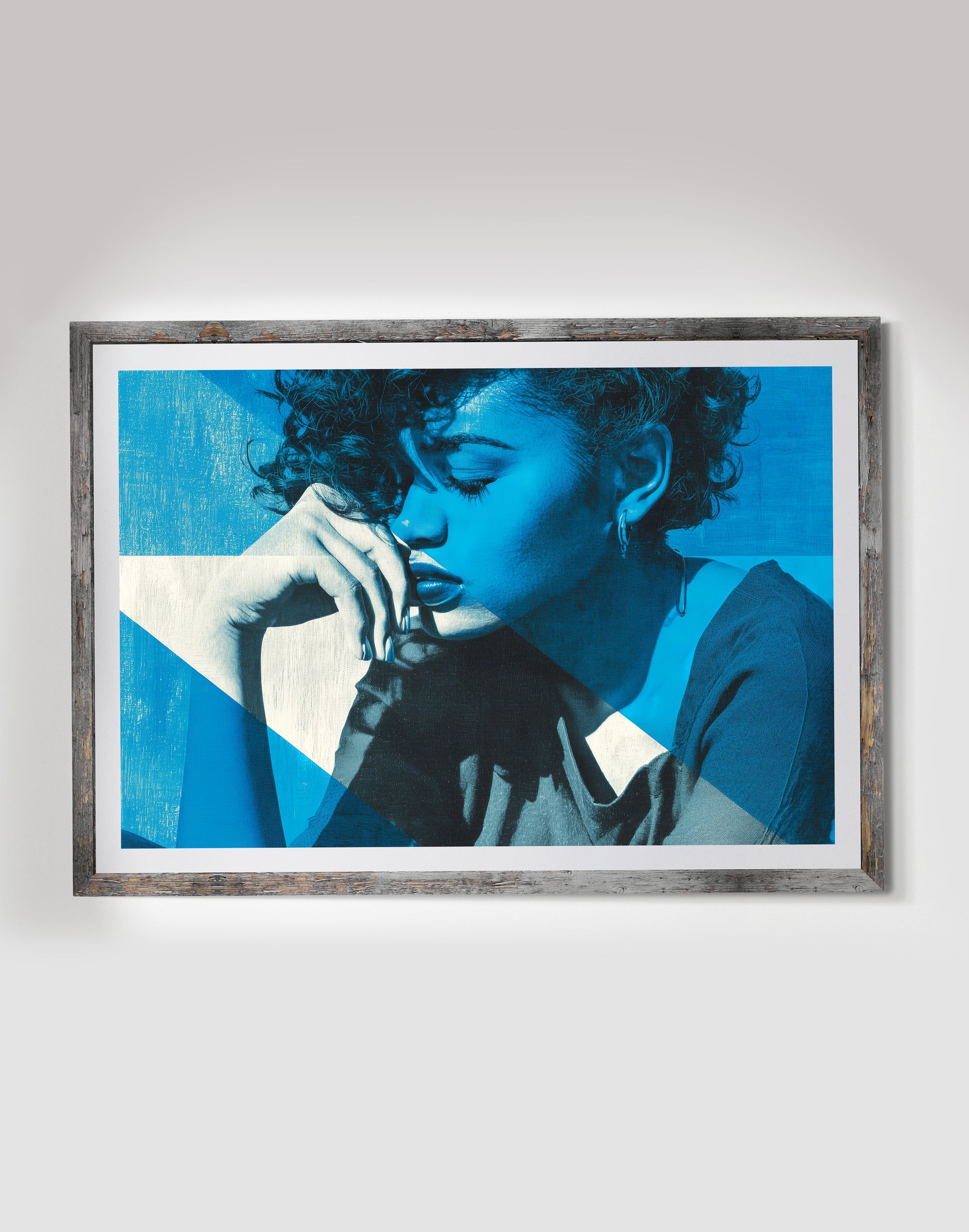 Blue Bauhaus woman wall art print featuring a contemplative profile portrait with bold white geometric shapes.
