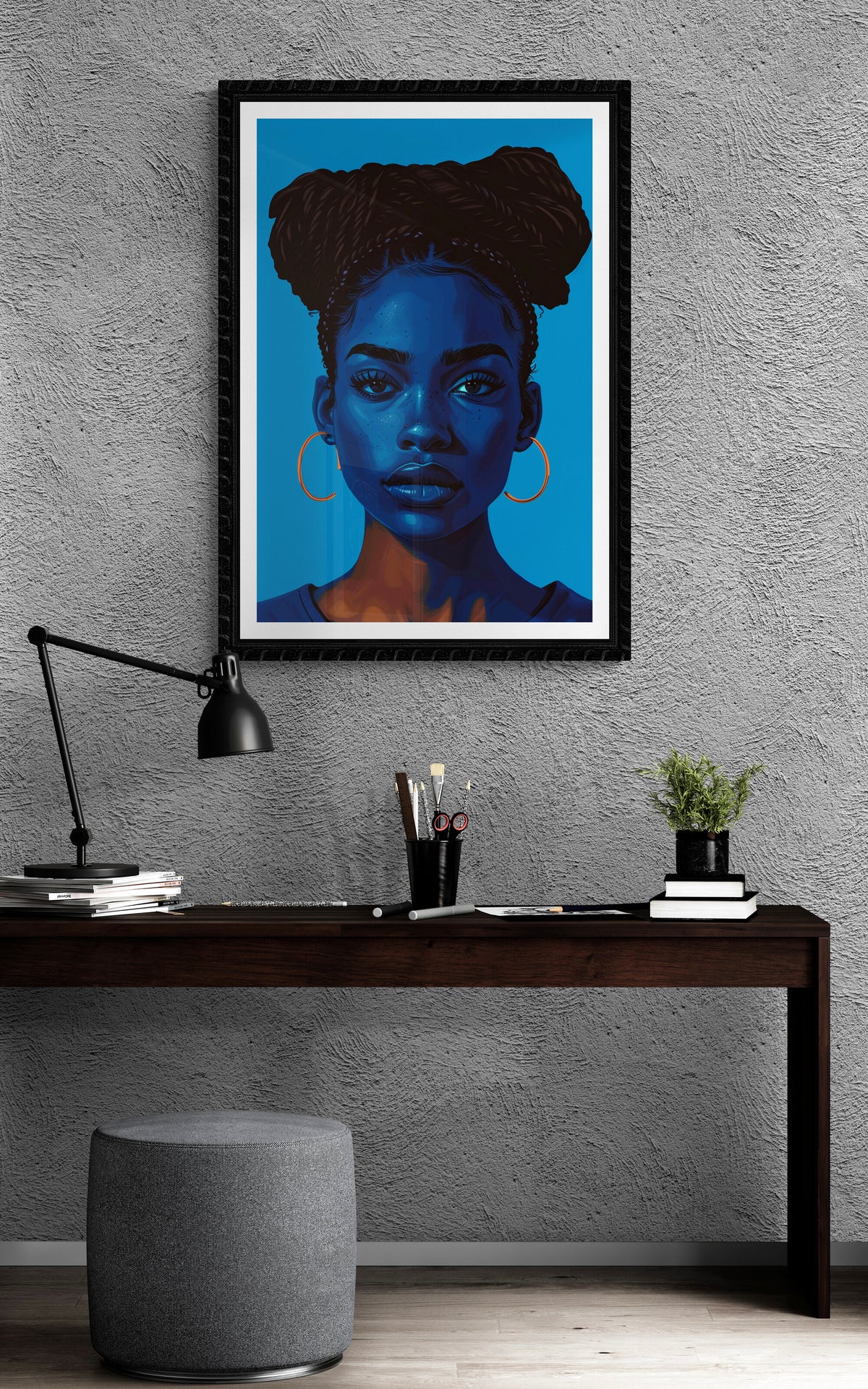 Bold blue Black woman portrait art with braided hair, expressive eyes and gold hoop earrings.