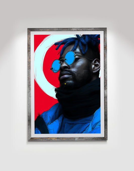 Modern Black man wall art print featuring reflective blue round glasses, blue hair accents, and a vivid red background.