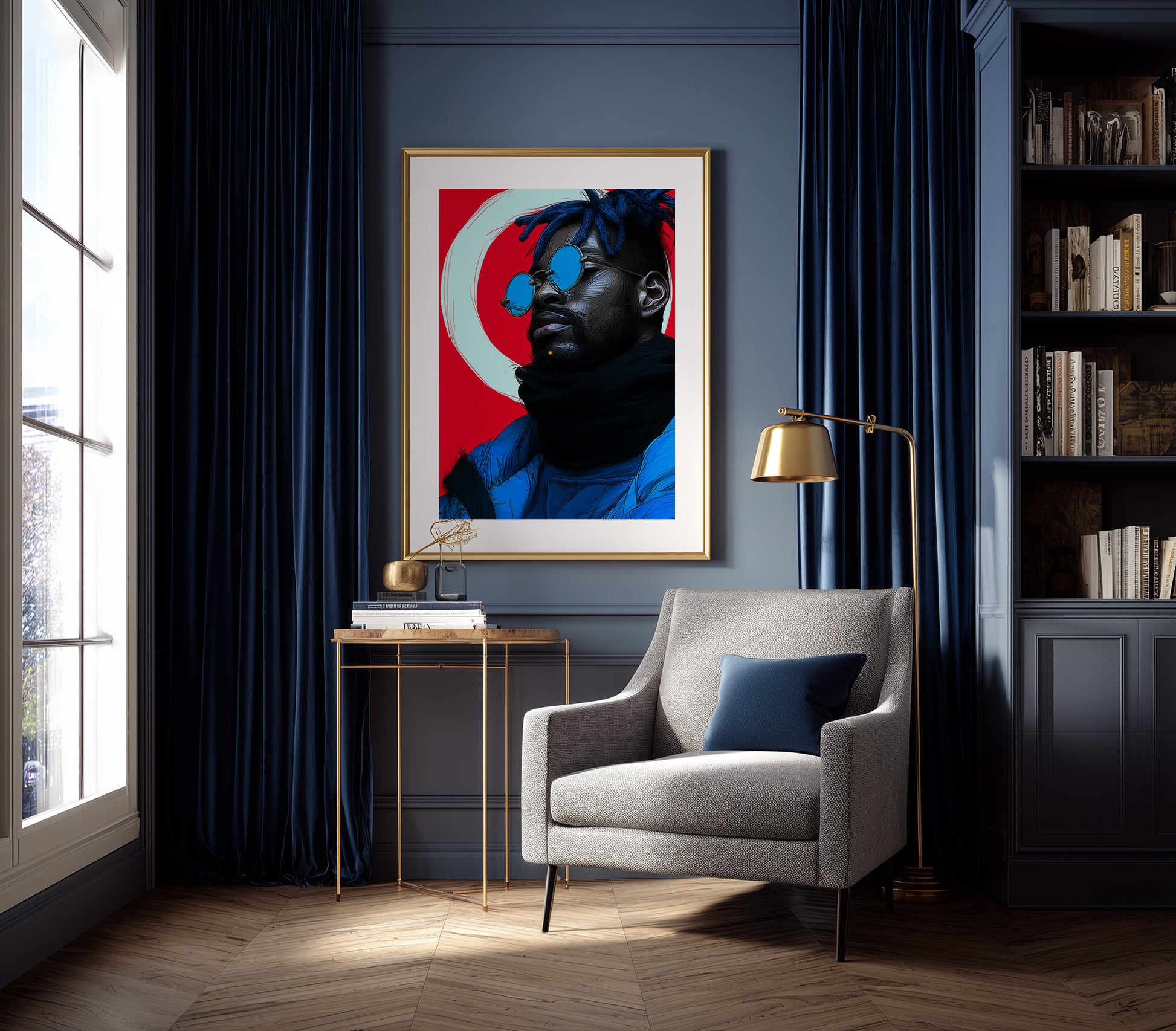 Bold African American portrait art print with textured linework, blue mirrored lenses, black scarf, and saturated red backdrop.
