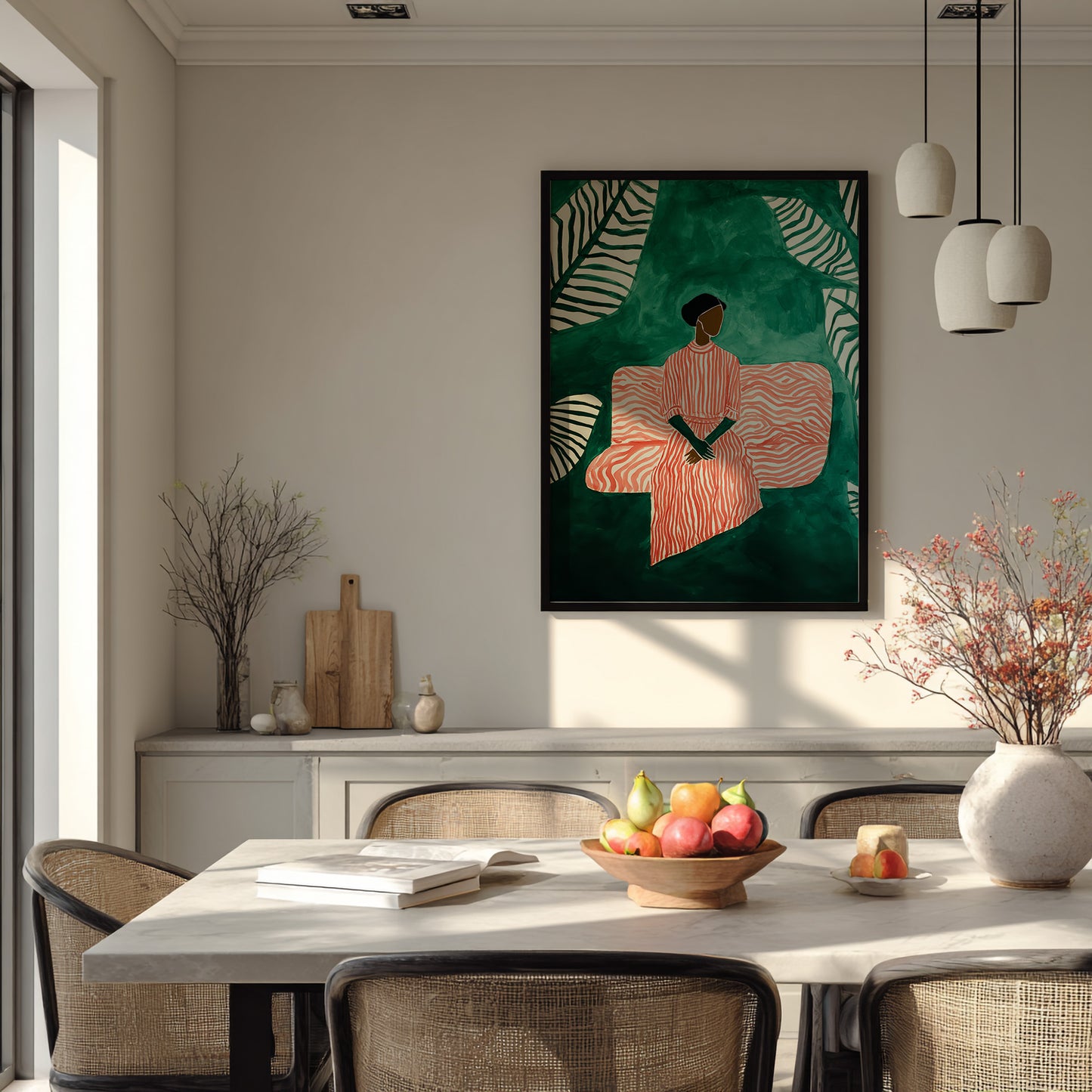 Botanical Black woman art print featuring a poised seated figure, soft pink seating, and deep green abstract leaves.