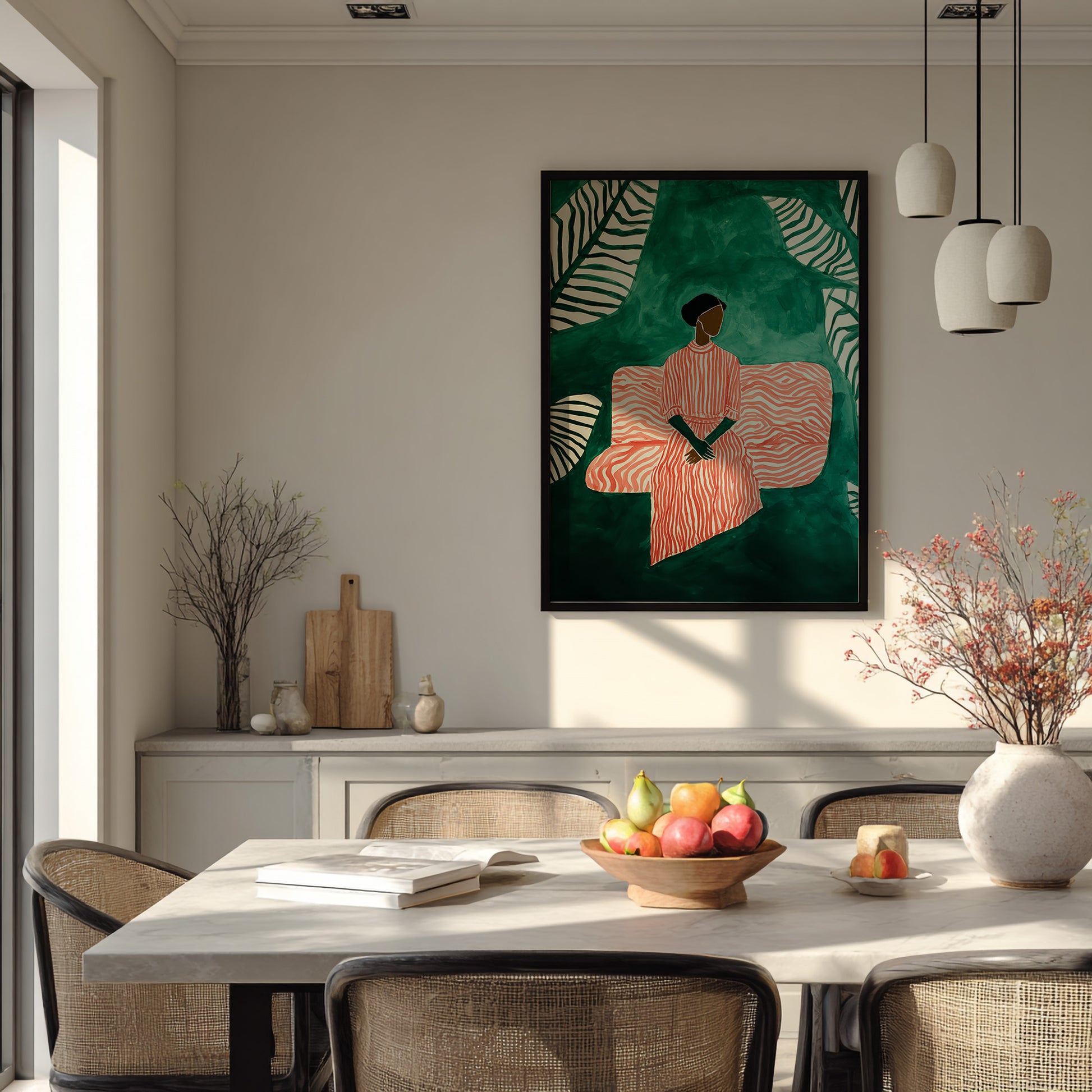 Botanical Black woman art print featuring a poised seated figure, soft pink seating, and deep green abstract leaves.
