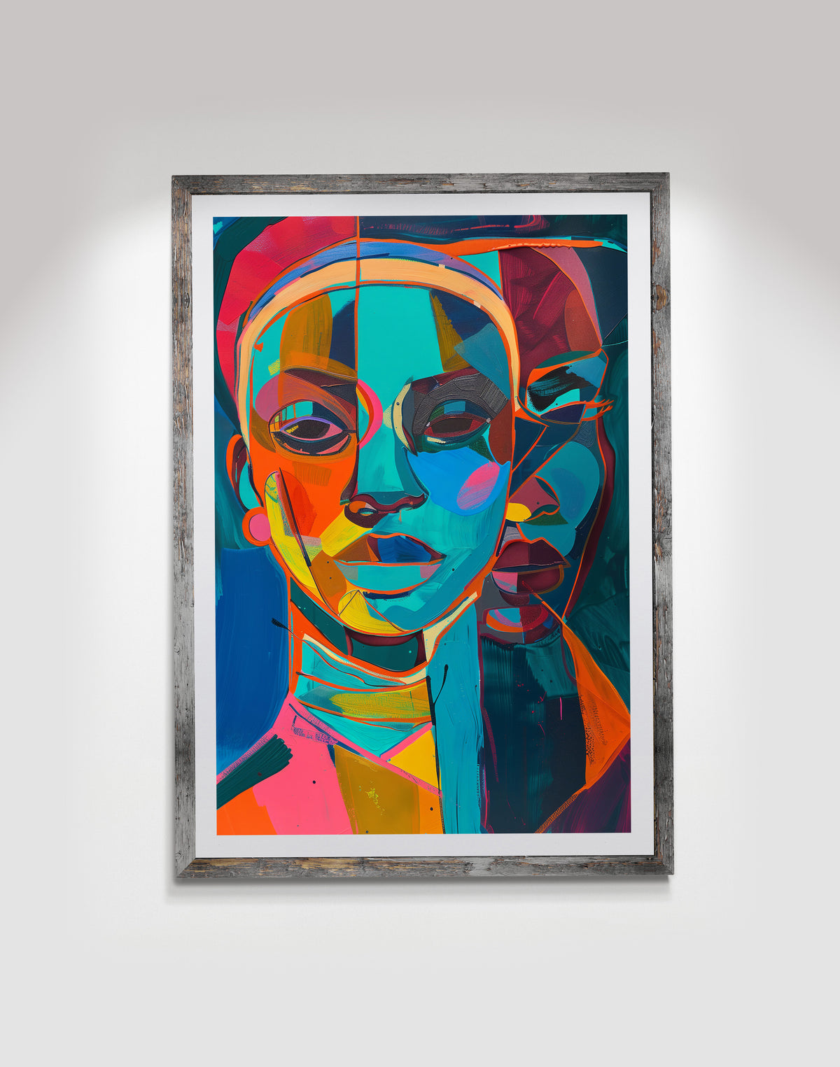 Colorful abstract Black woman art print featuring a vibrant portrait in turquoise, orange, pink and blue.