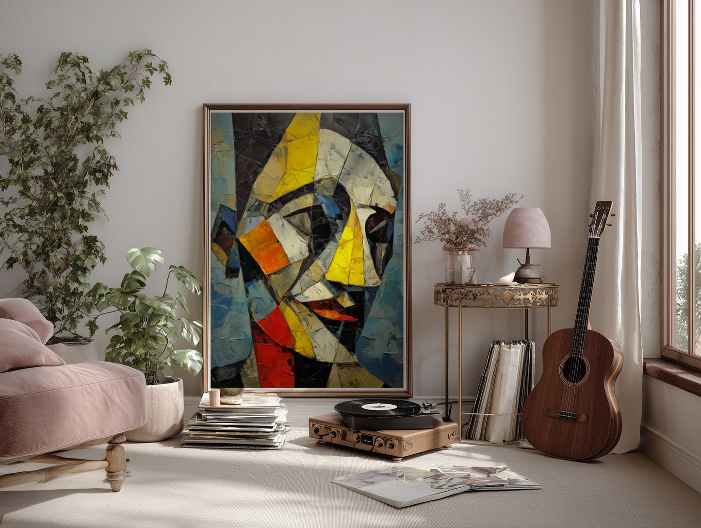 Bold abstract wall art print with a textured cubist face and vivid yellow, cream, red, and black forms.