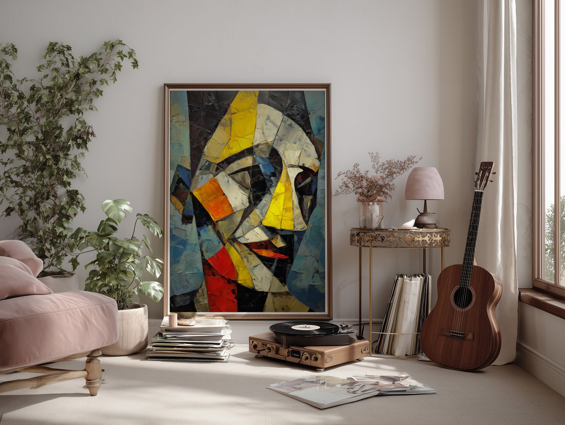 Bold abstract wall art print with a textured cubist face and vivid yellow, cream, red, and black forms.