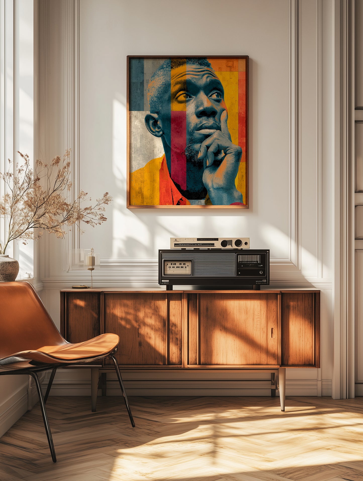 Modern black wall art showing a thoughtful Black man with hand on chin, upward gaze, and bold color-blocked background.