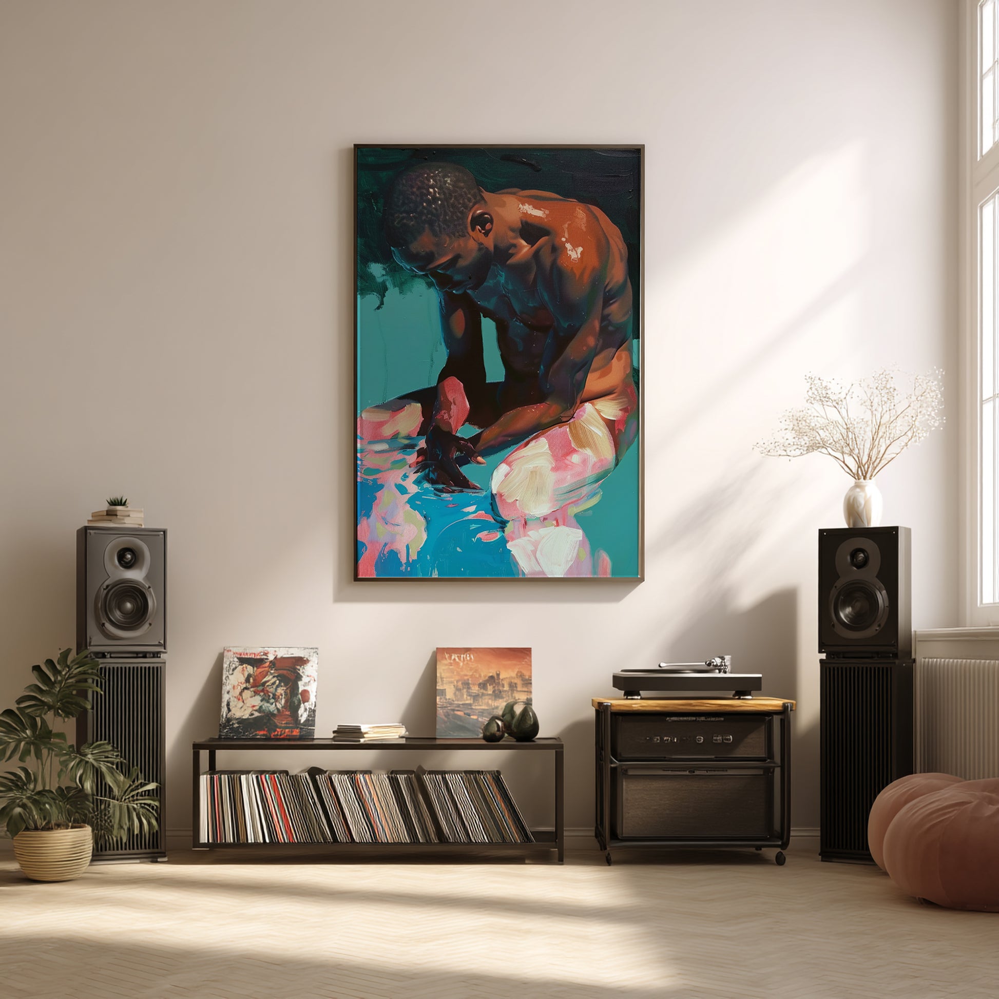 Expressive Black male portrait wall art featuring painterly texture, a quiet seated pose, and bold abstract color.