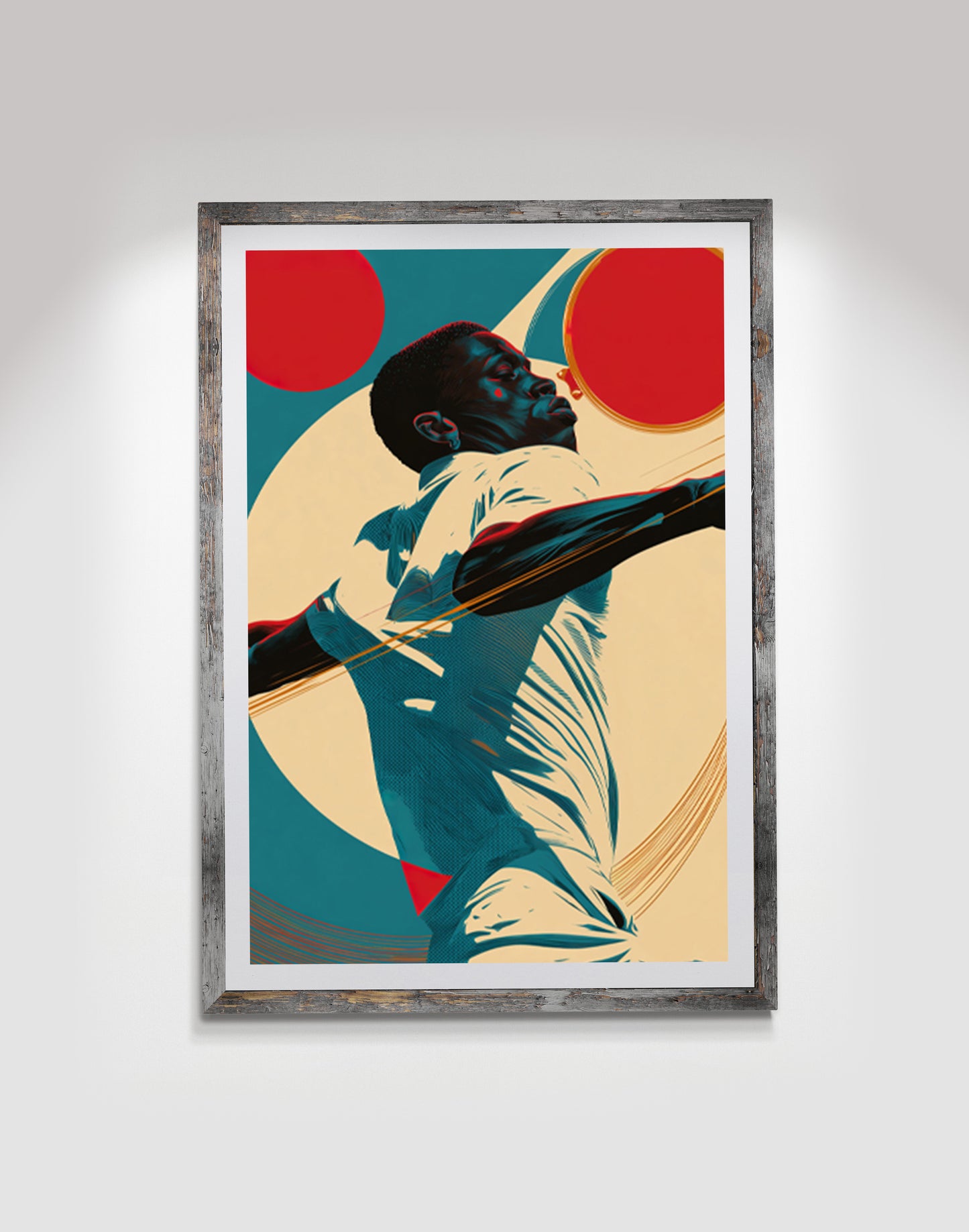 Black wall art print featuring a dynamic male figure in motion with bold red circles, teal shadows, and cream abstract shapes.