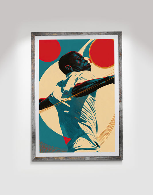 Black wall art print featuring a dynamic male figure in motion with bold red circles, teal shadows, and cream abstract shapes.